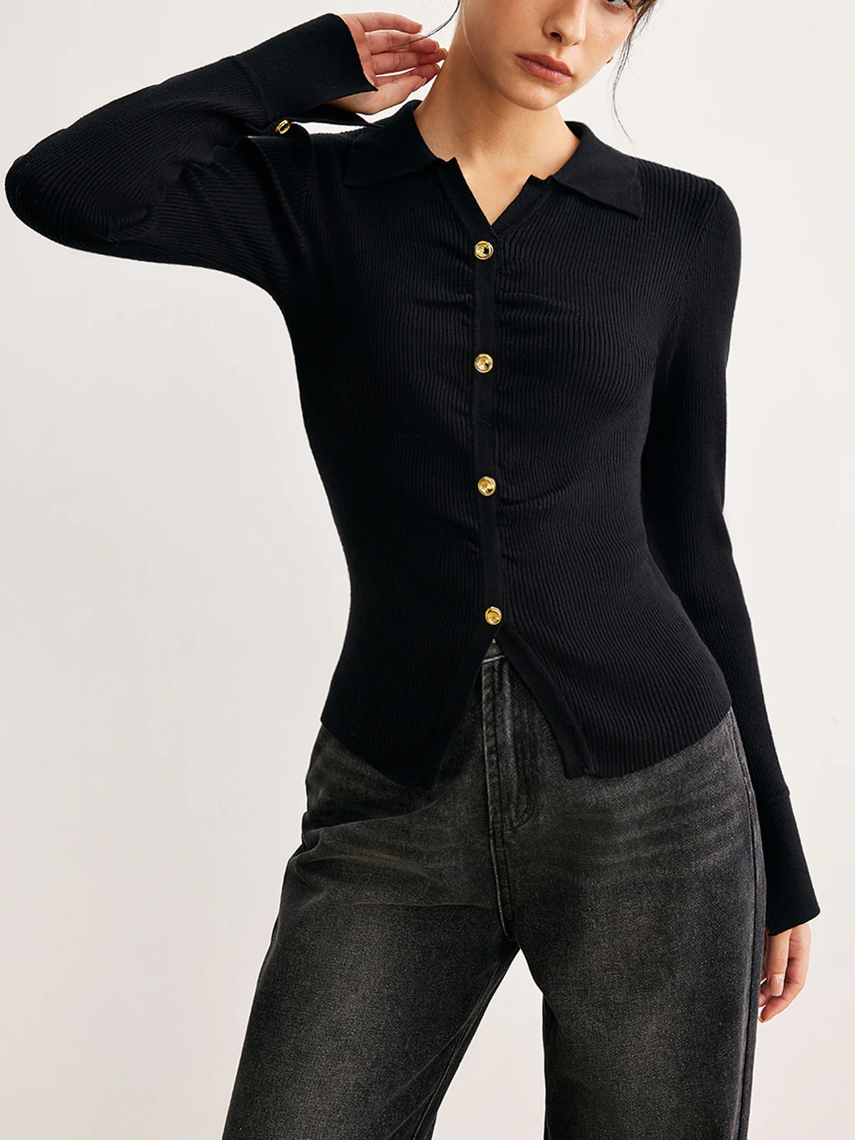 Button Split Slim Polo Sweater - Image 3