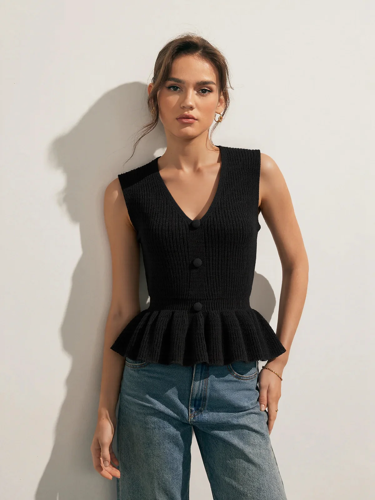 Button V-Neck Knit Peplum Vest - Image 3