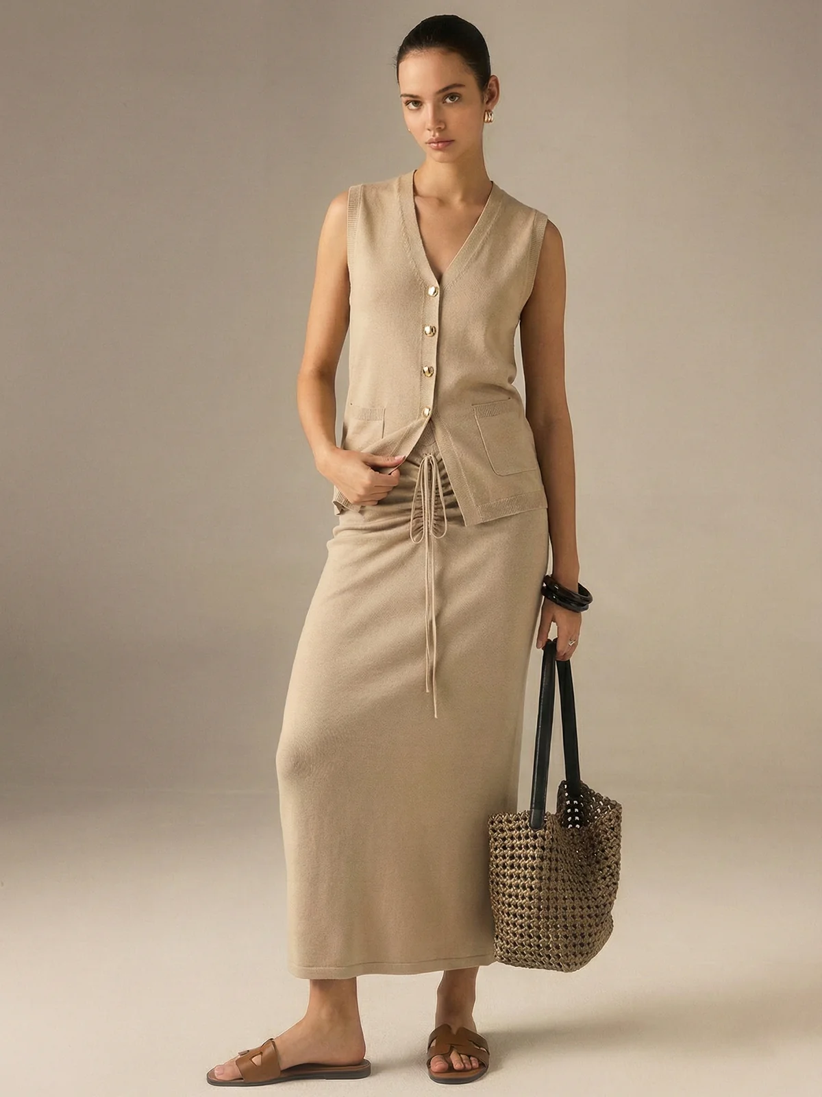 Buttoned Knit Vest & Ruched Midi Skirt Set