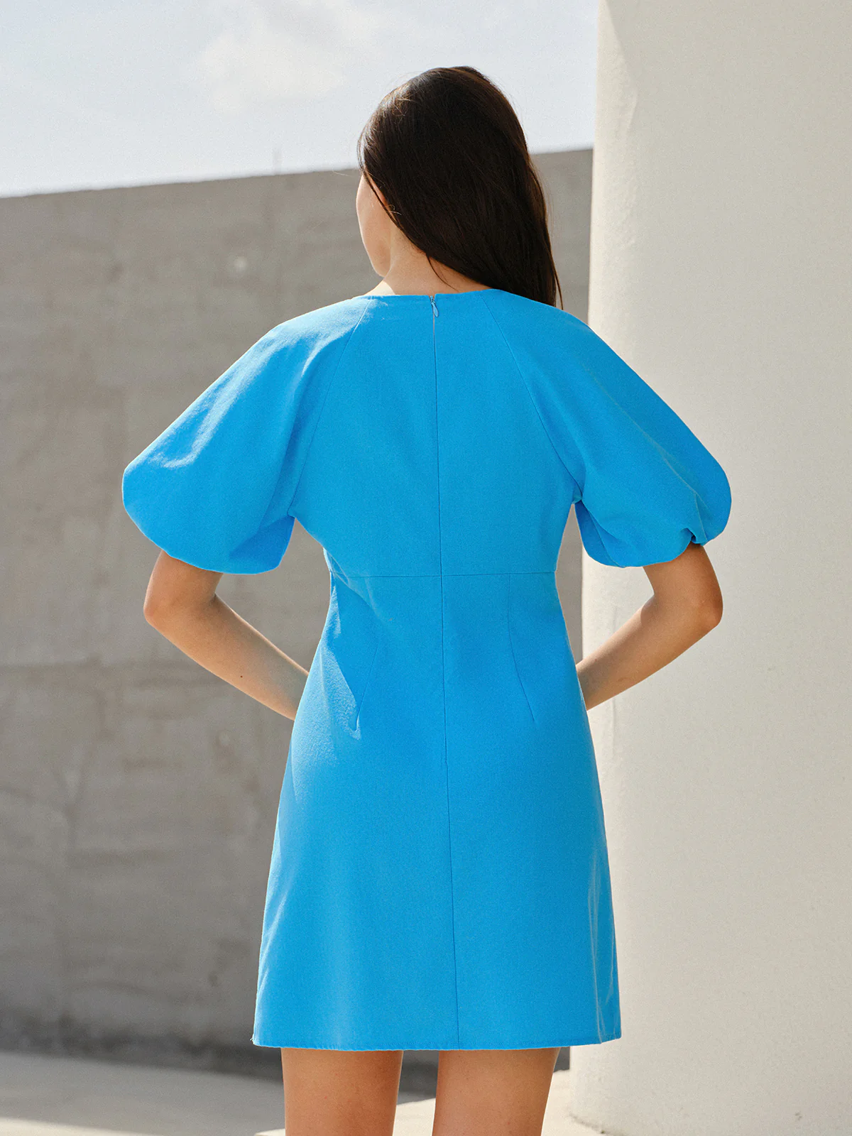 Buttoned Puff-Sleeve Round Neck Mini Dress - Image 4