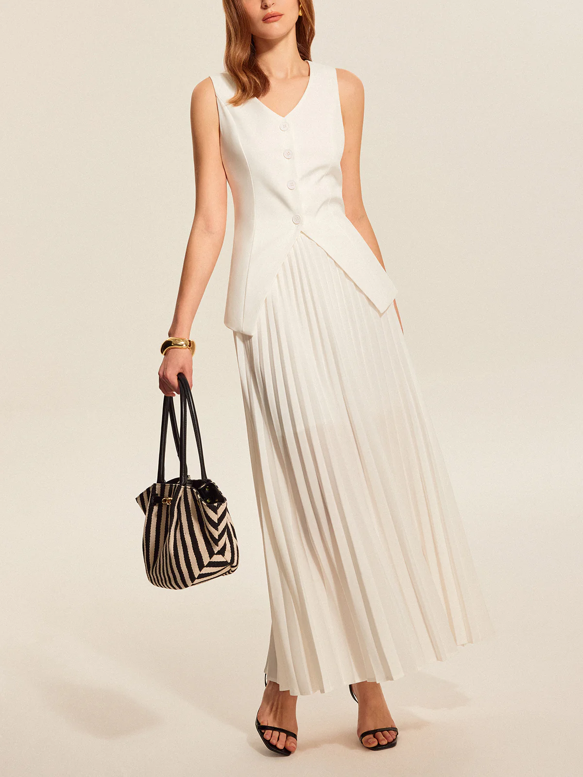 Buttoned Vest Pleated Skirt Set - Image 2