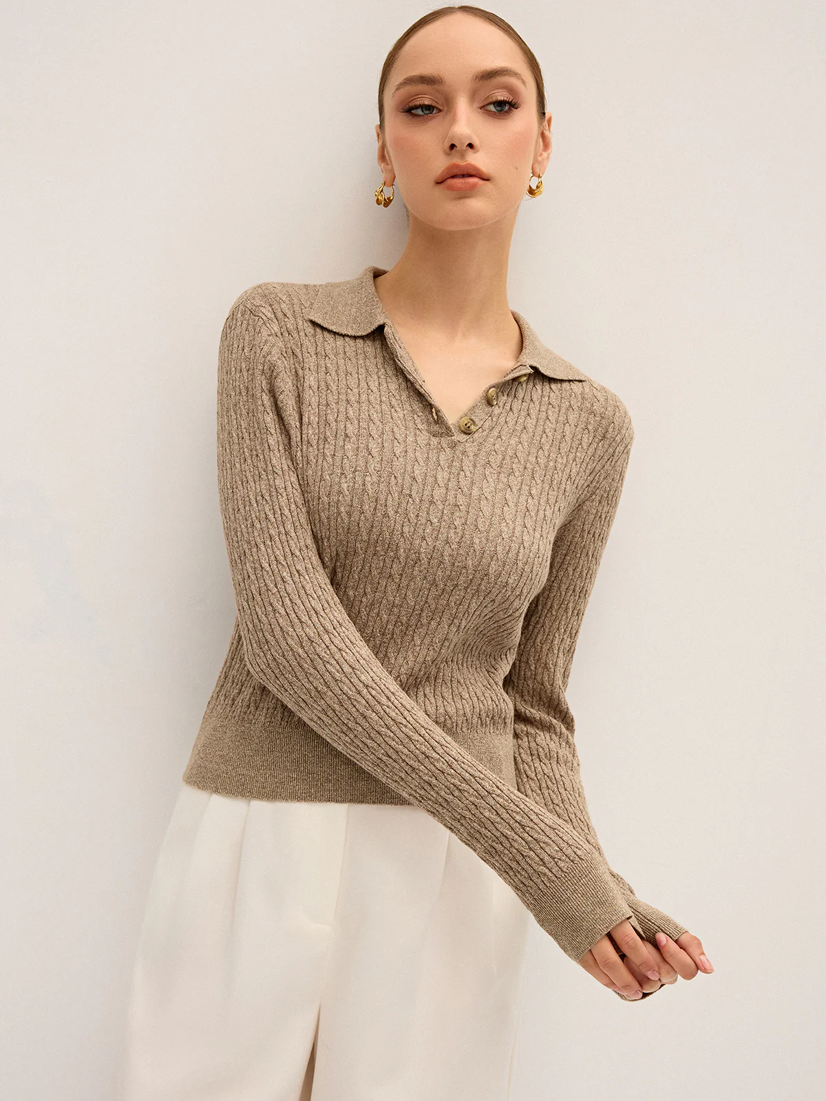 Cable Knit Cotton Collar Sweater - Image 2