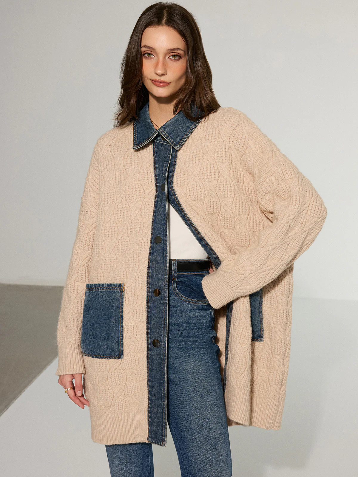 Cable Knit Denim Paneled Longline Cardigan - Image 3