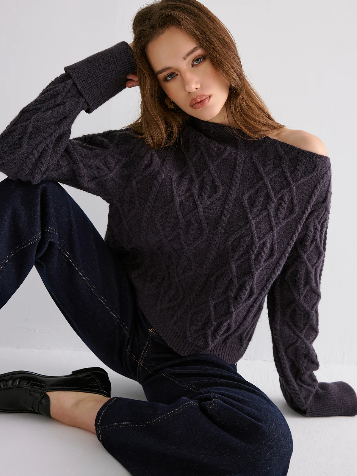 Cable Knit Off-shoulder Sweater