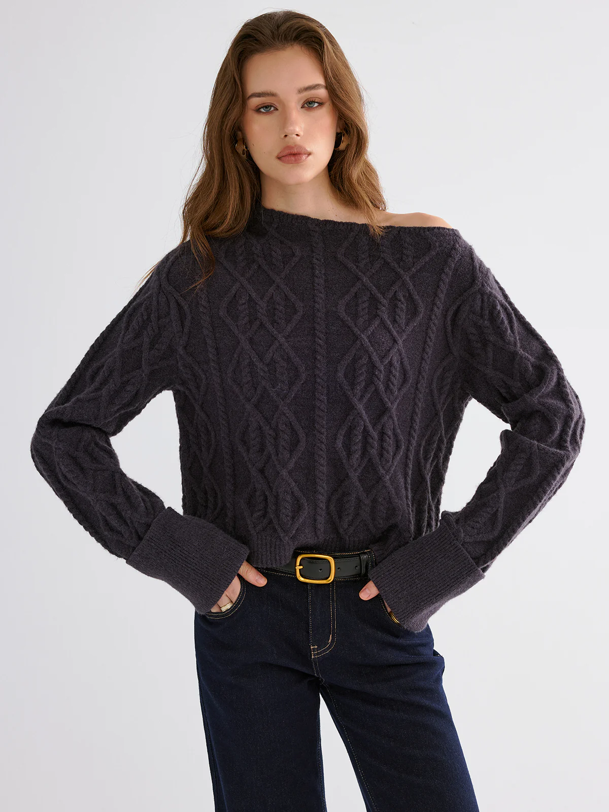 Cable Knit Off-shoulder Sweater - Image 4