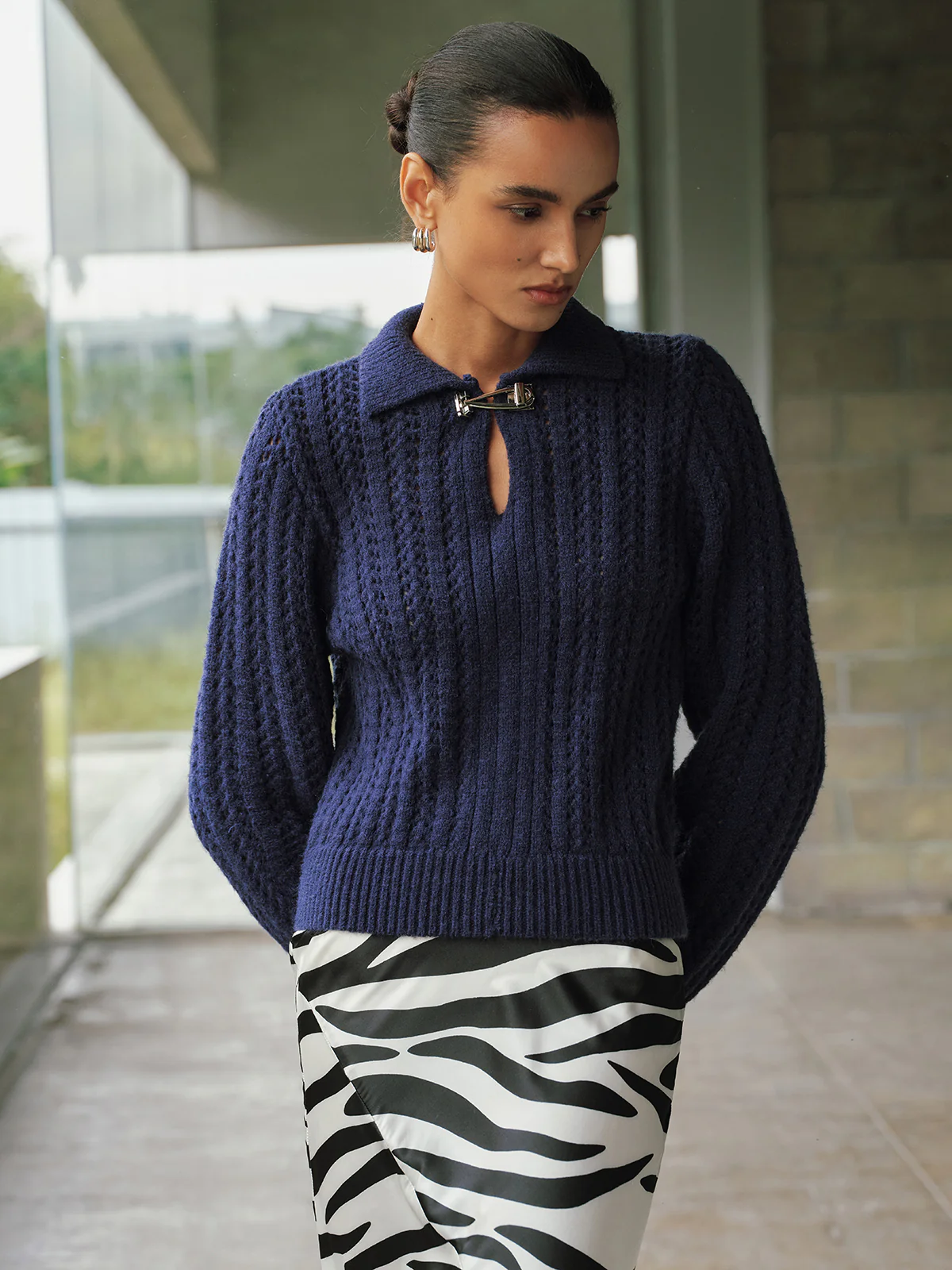 Cable-Knit Polo Collar Buckle-Detail Sweater - Image 4