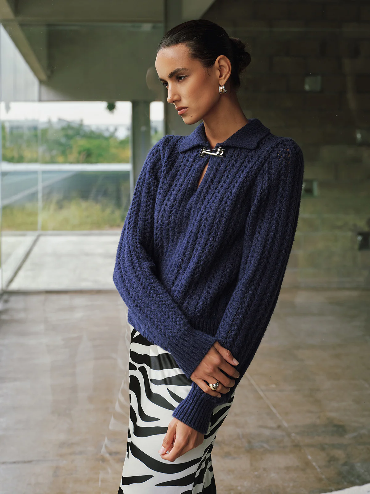 Cable-Knit Polo Collar Buckle-Detail Sweater - Image 5