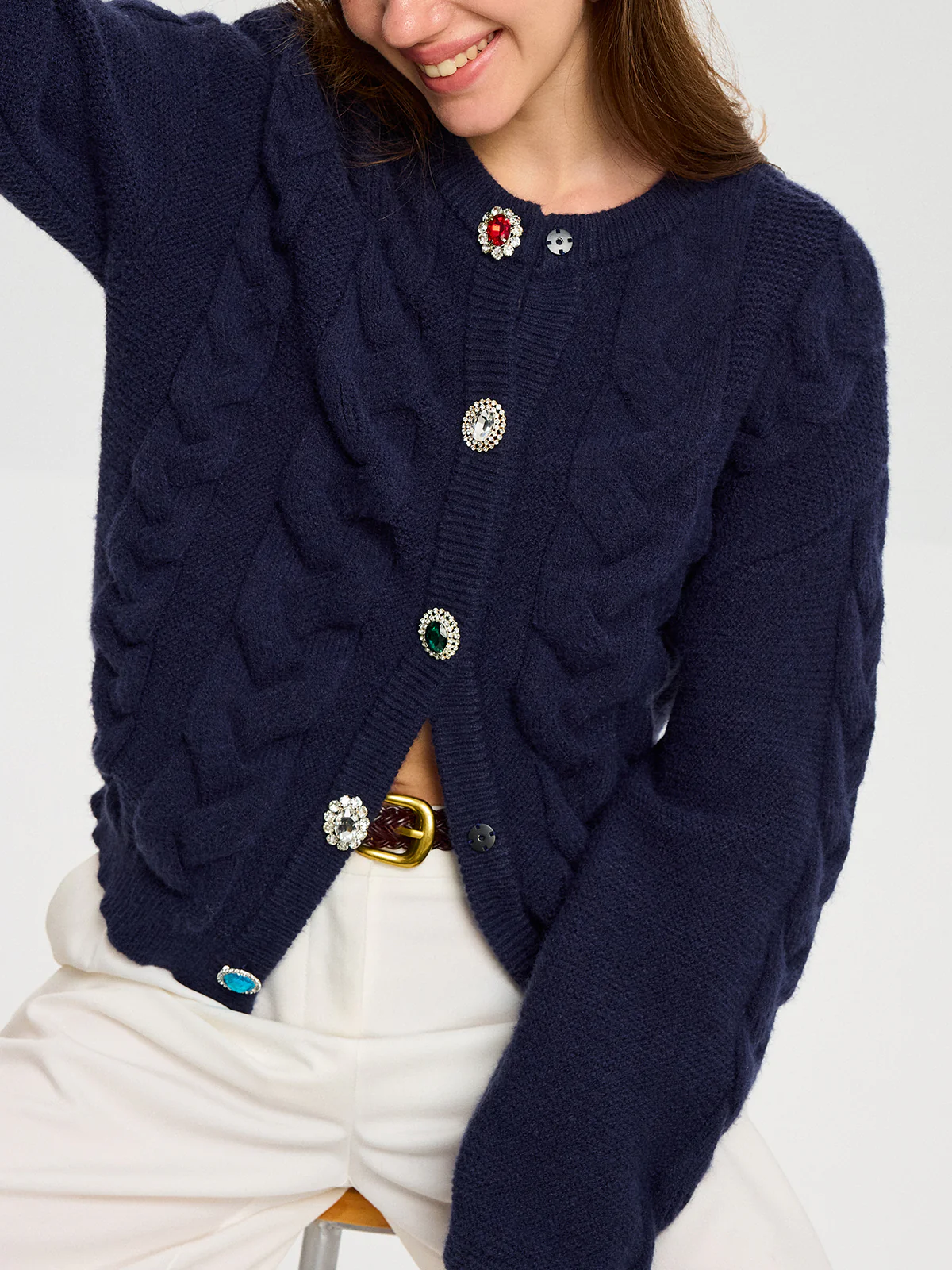 Cable Knit Rhinestone Button Cardigan - Image 5