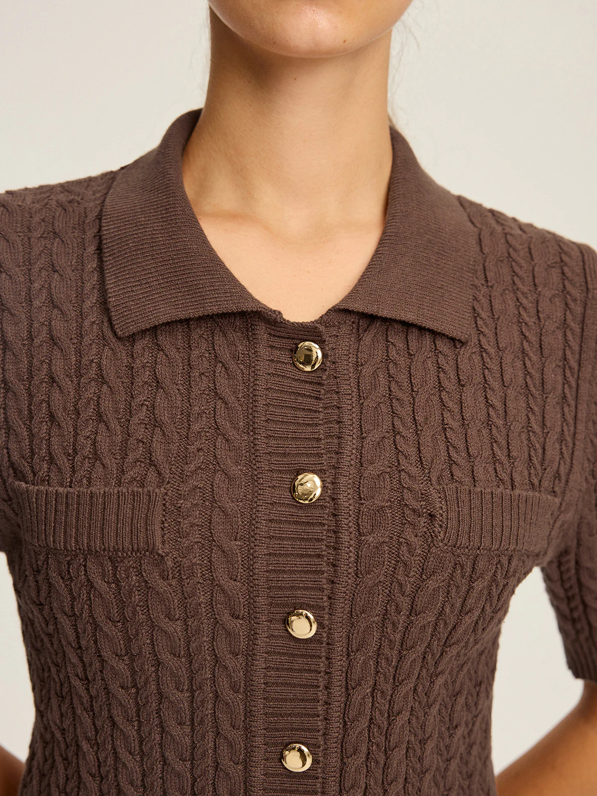 Cable Knit Short-Sleeve Button Top - Image 2