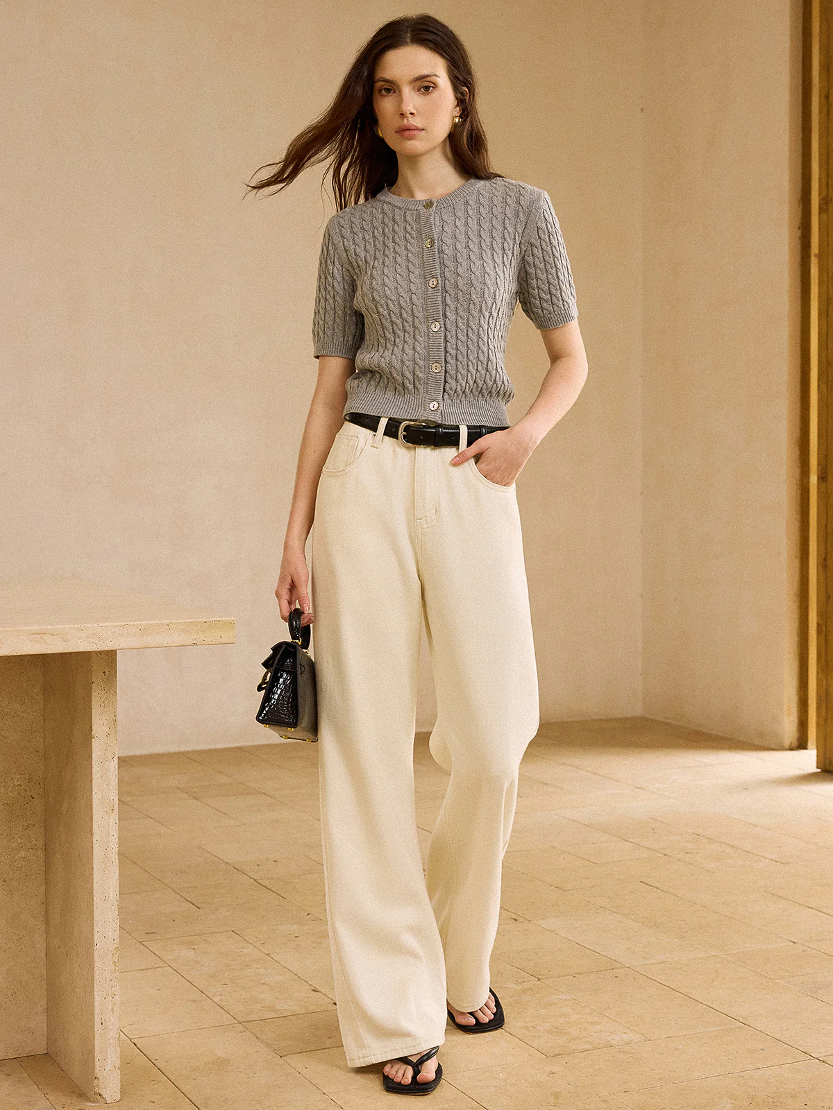 Cable Knit Short-Sleeve Cardigan - Image 3