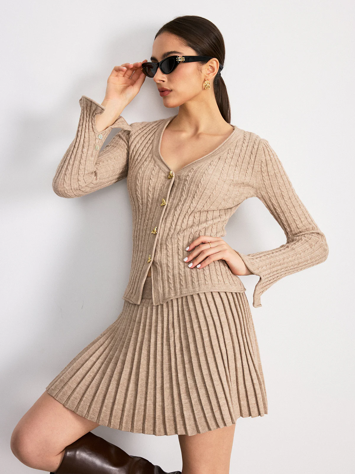 Cable-Knit V-Neck Cardigan and Pleated Skirt Set - Image 2