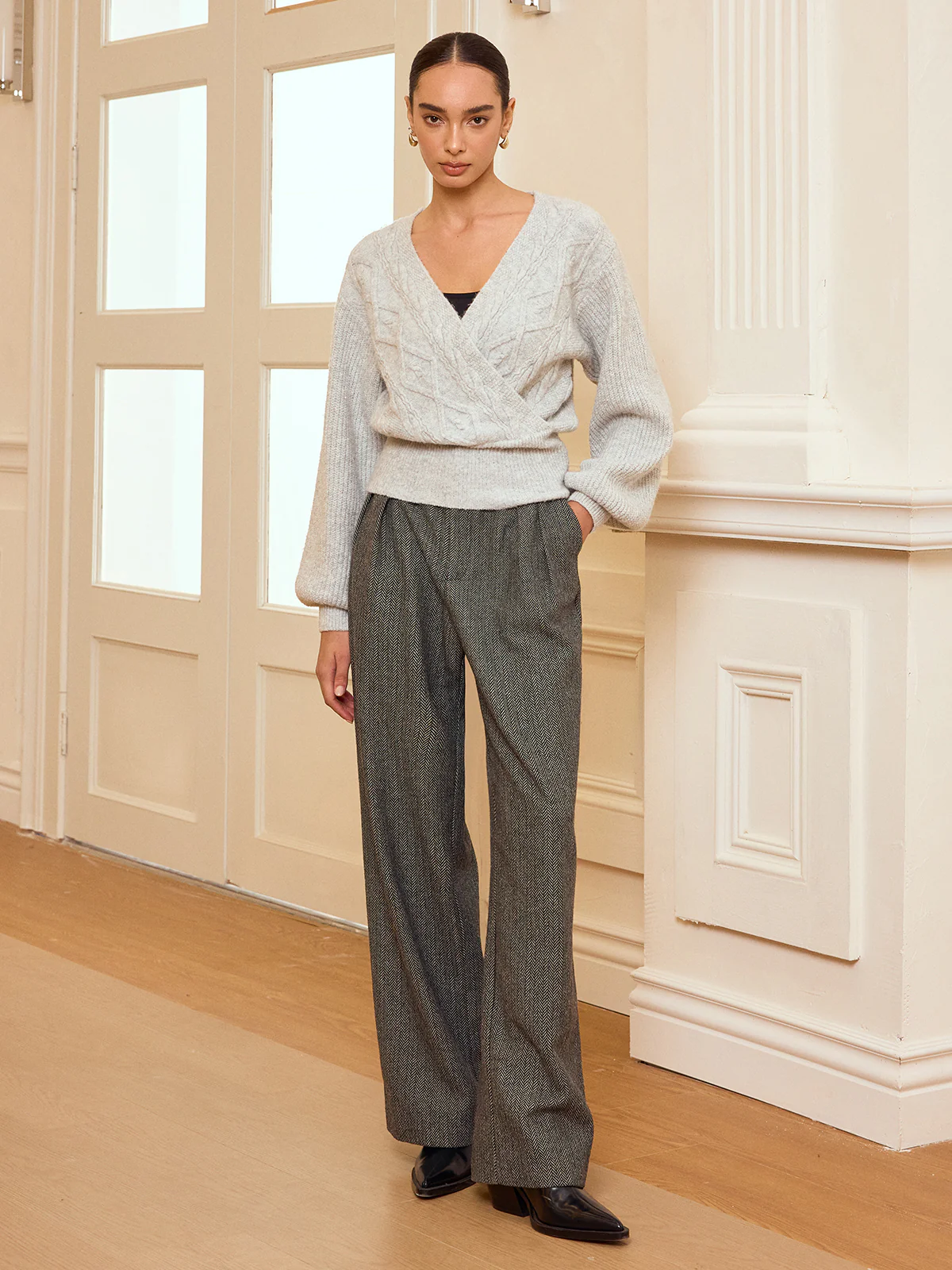 Cable Knit Wrap V-Neck Balloon Sleeve Sweater - Image 3