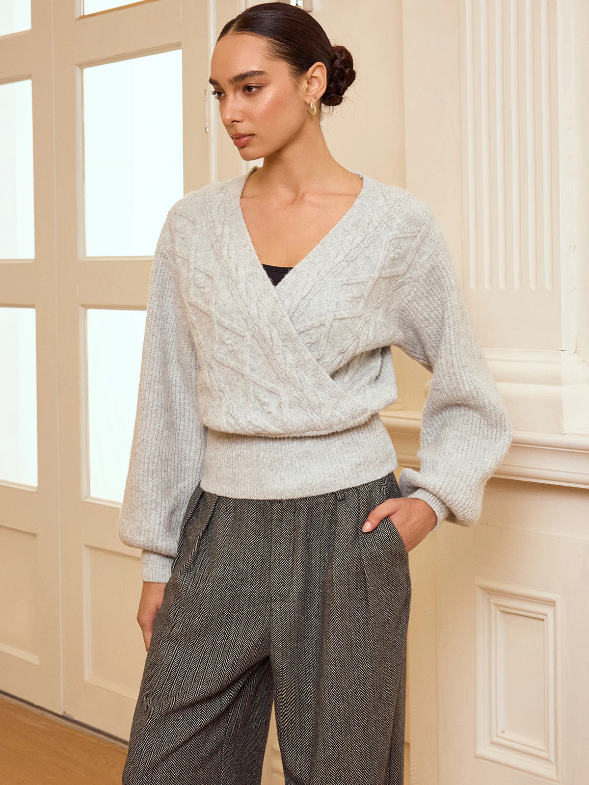Cable Knit Wrap V-Neck Balloon Sleeve Sweater - Image 4