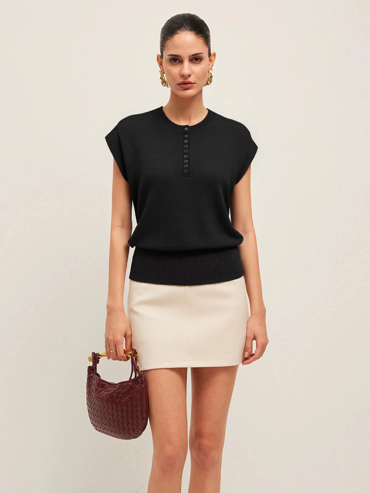 Cap Sleeve Button Cinched Knit Top - Image 3