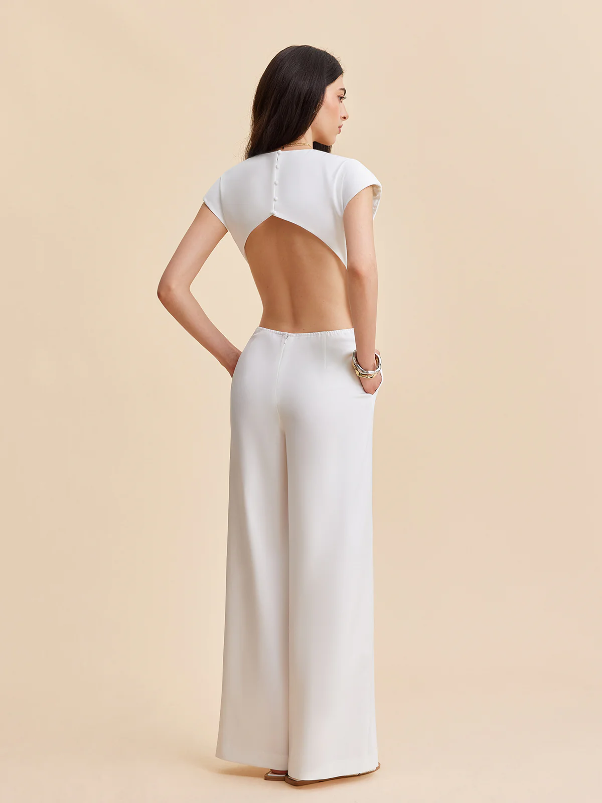 Cap Sleeve Buttoned Backless Jumpsuit