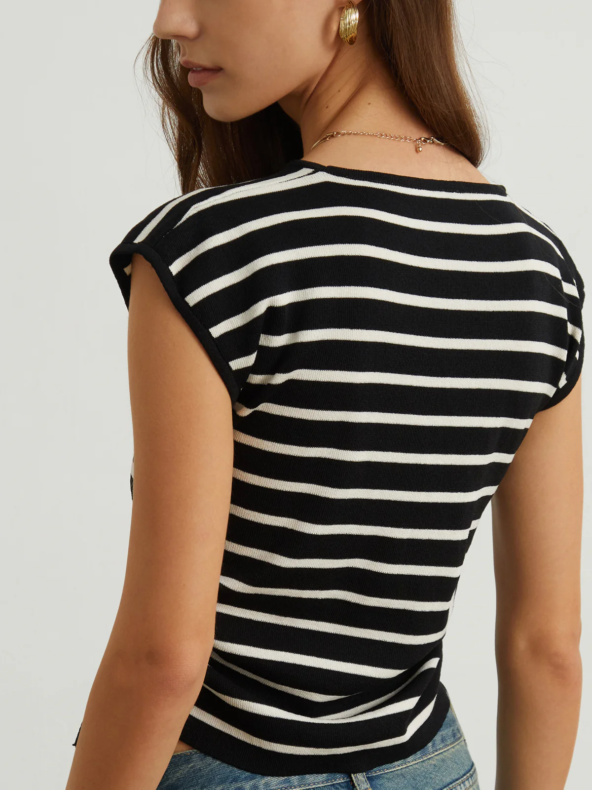 Cap Sleeve Stripe Drawstring Top - Image 2