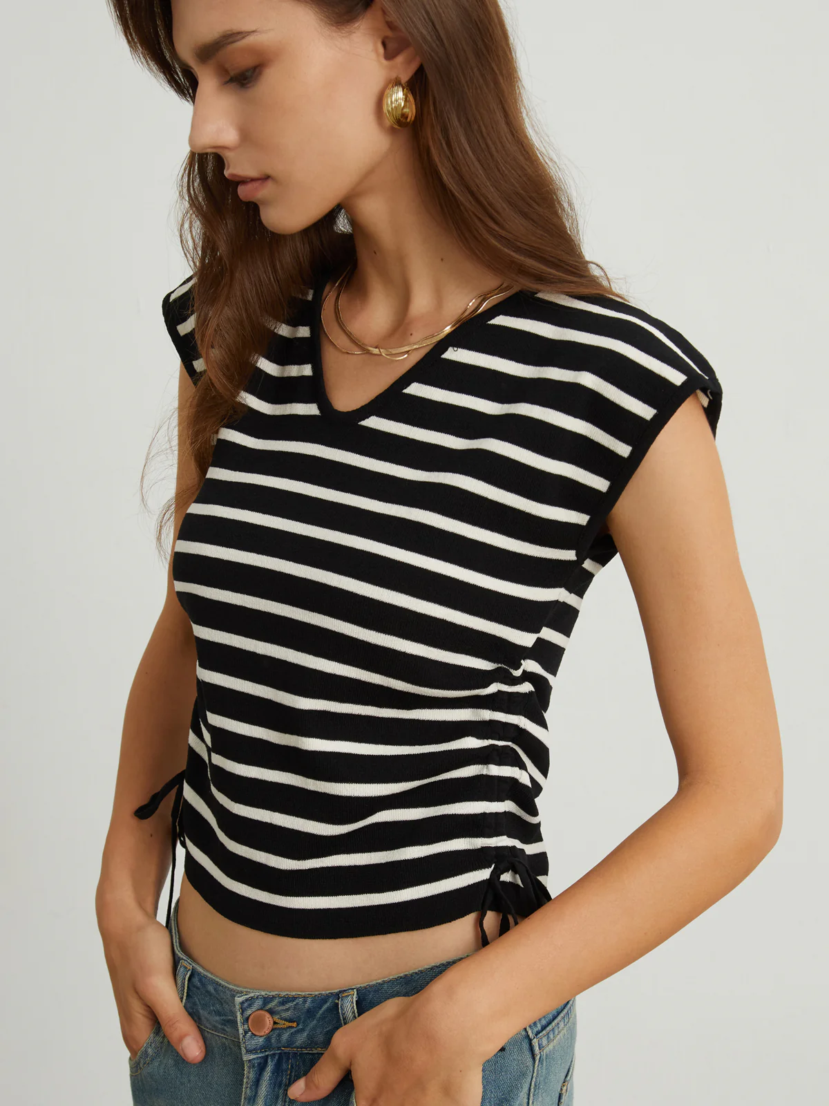 Cap Sleeve Stripe Drawstring Top - Image 3