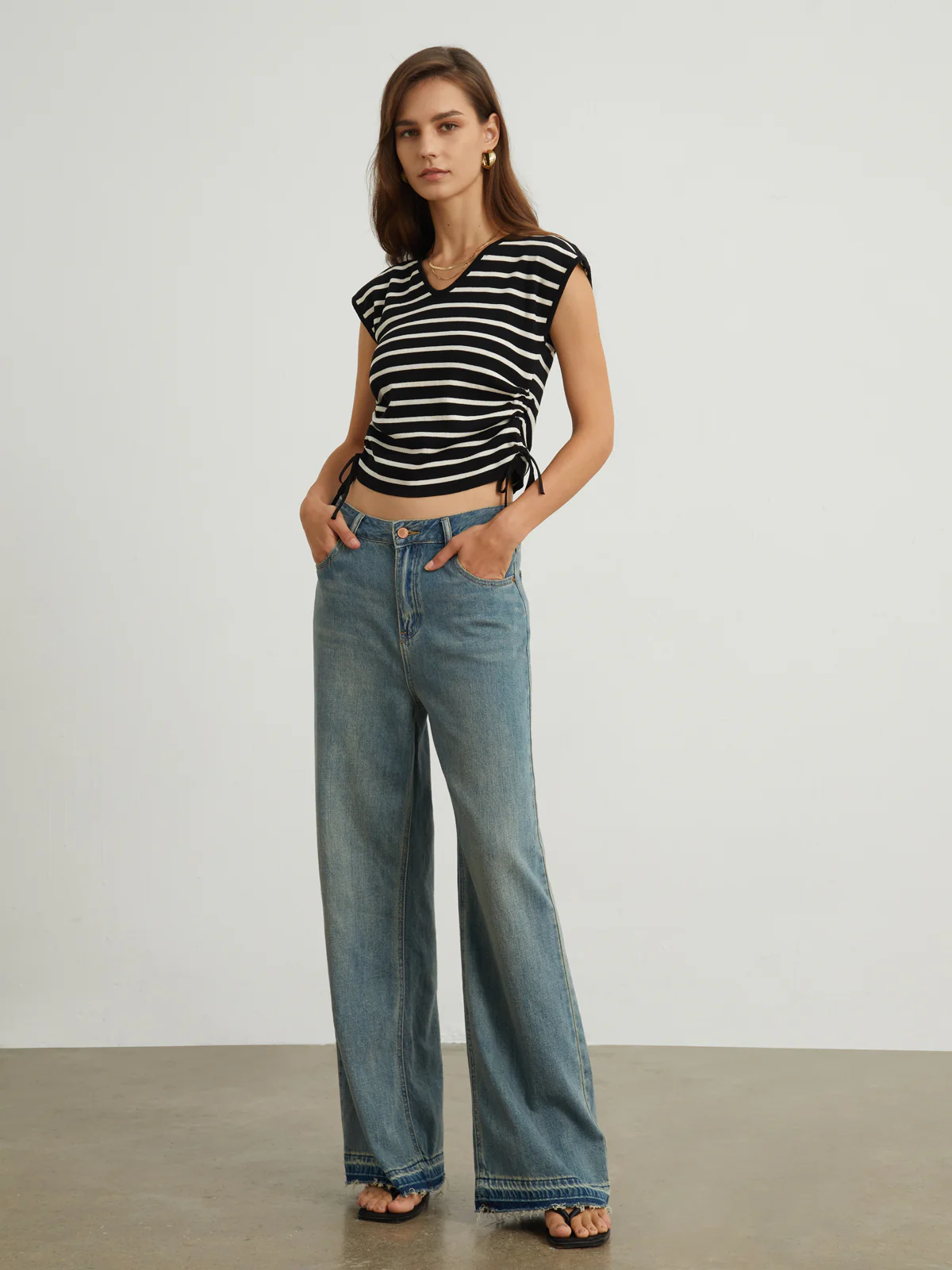 Cap Sleeve Stripe Drawstring Top - Image 4