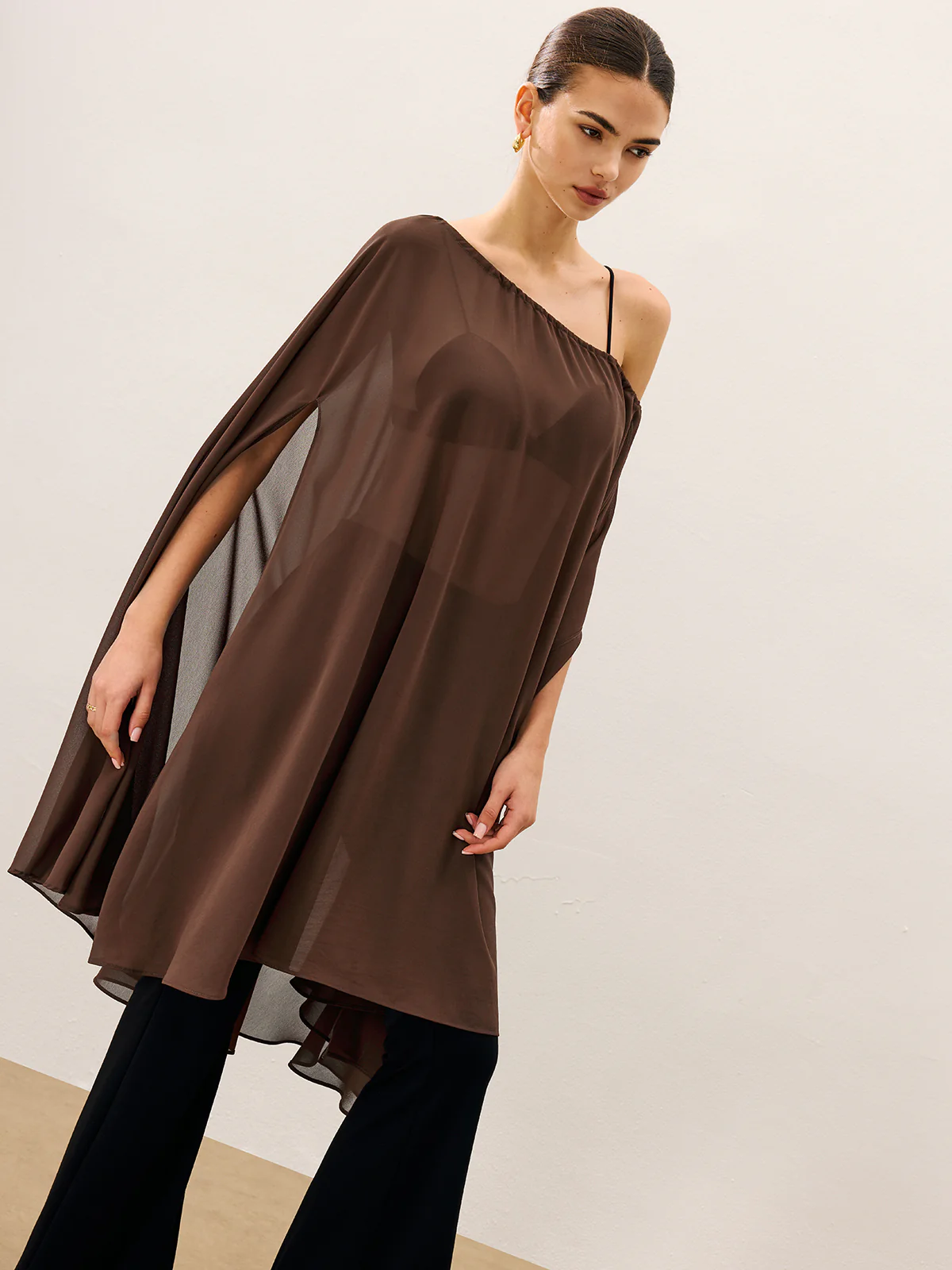 Cape-Style Semi Sheer Chiffon Blouse With Tie Detail - Image 5