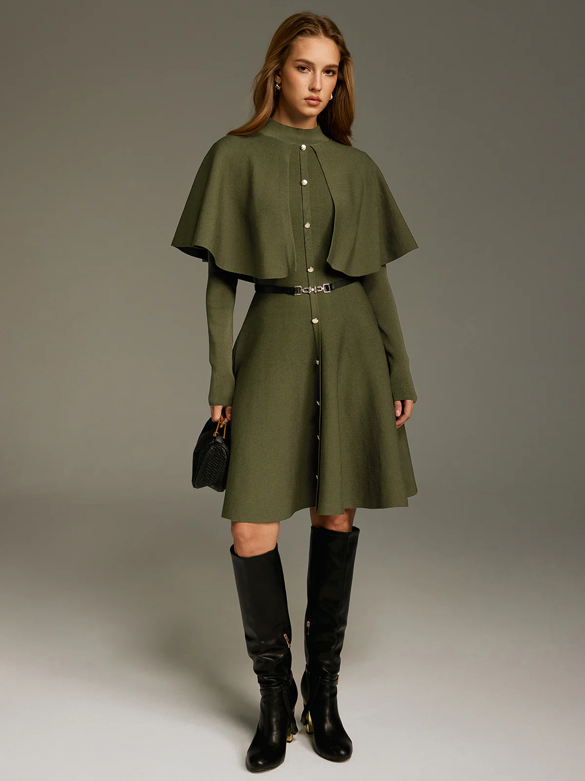 Capelet-Style Button-Front Belted Midi Dress