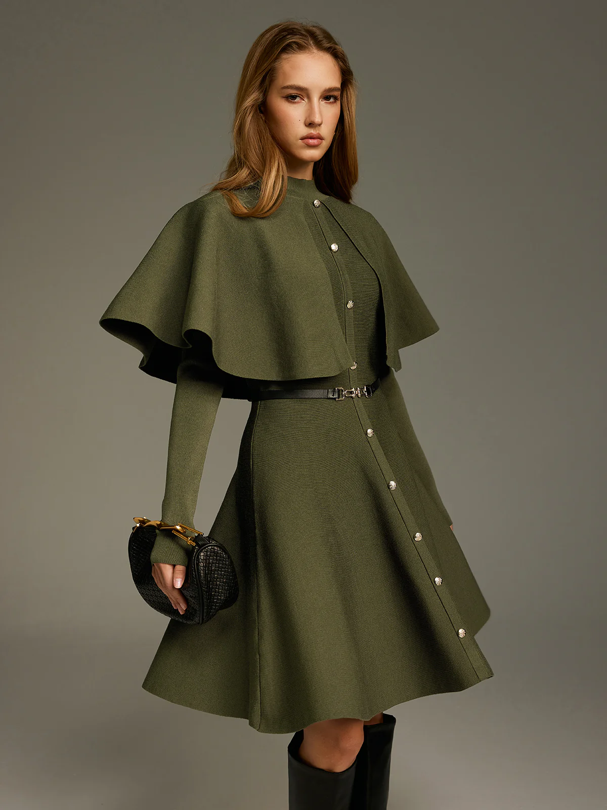 Capelet-Style Button-Front Belted Midi Dress - Image 2