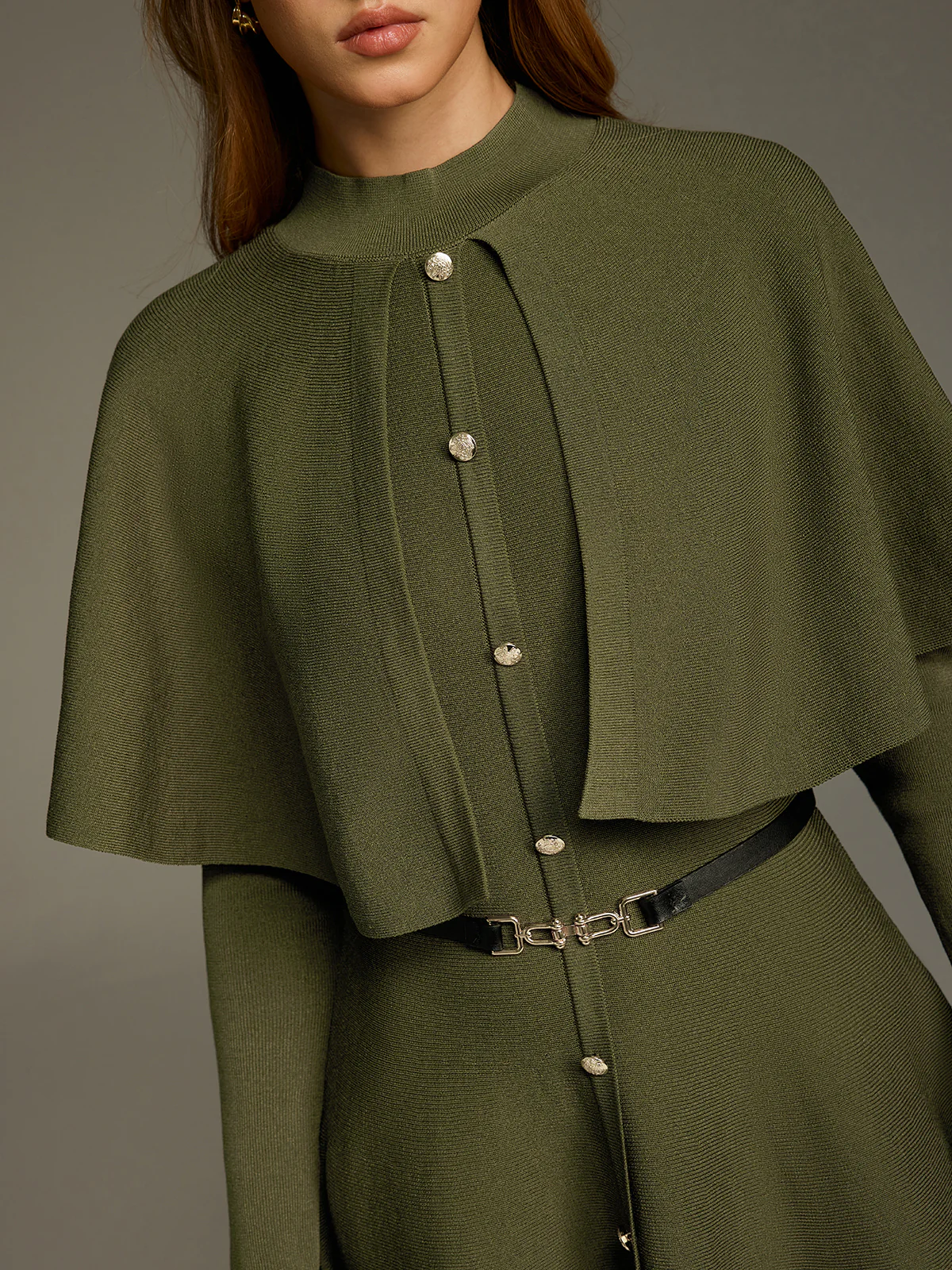 Capelet-Style Button-Front Belted Midi Dress - Image 3