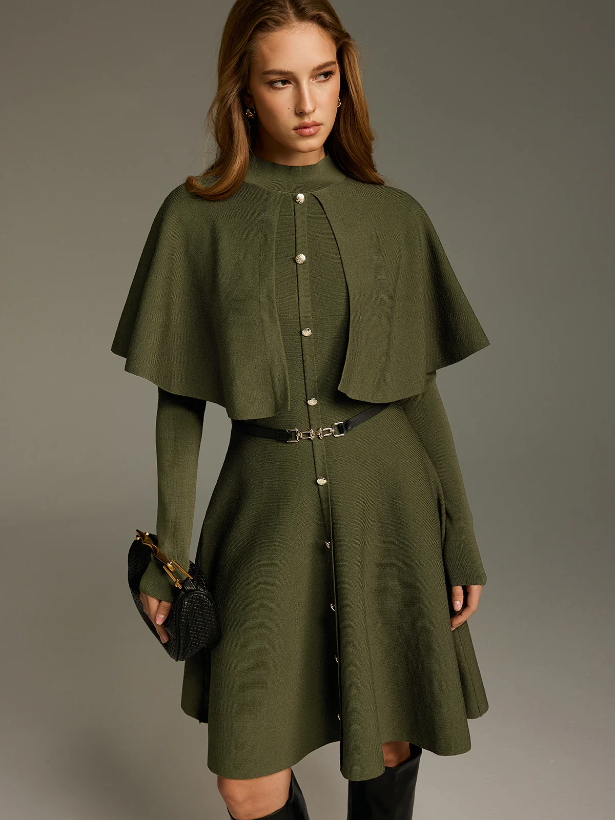 Capelet-Style Button-Front Belted Midi Dress - Image 5