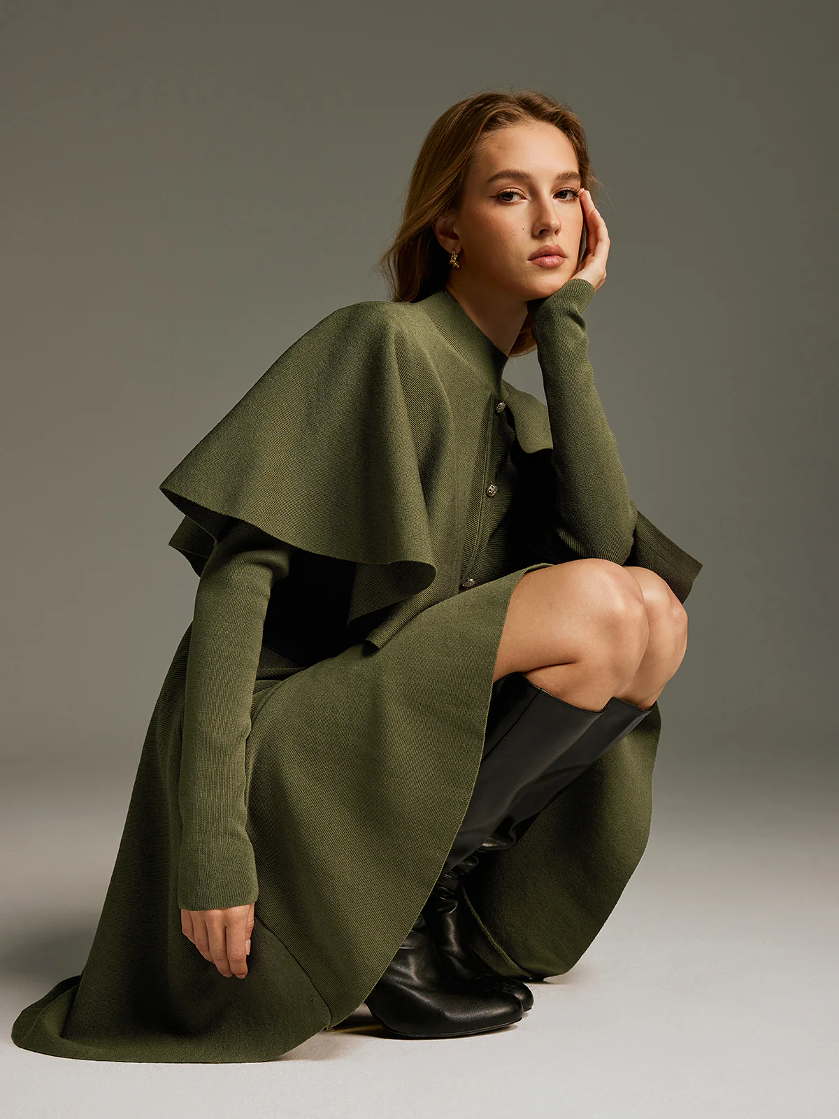 Capelet-Style Button-Front Belted Midi Dress - Image 6