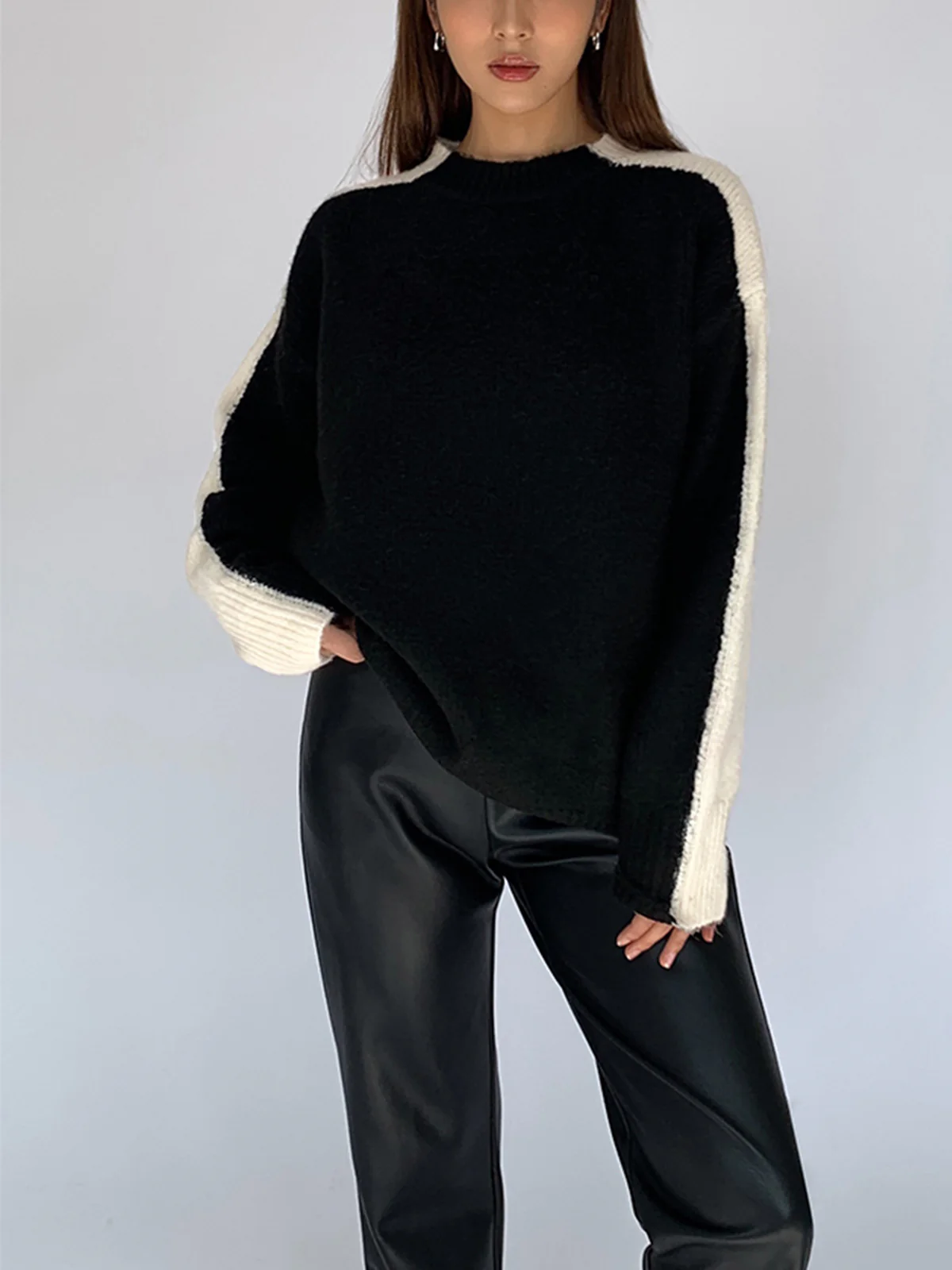 Casual Contrast Color Knit Sweater - Image 5
