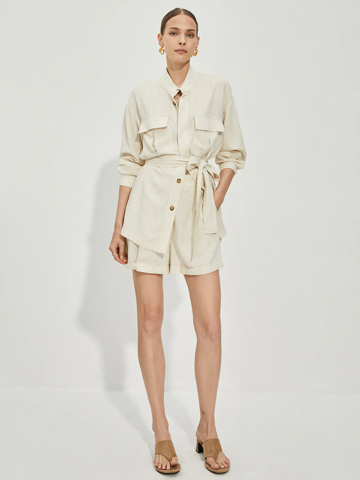 Casual Cotton & Linen Shorts Set With Belt - Image 4