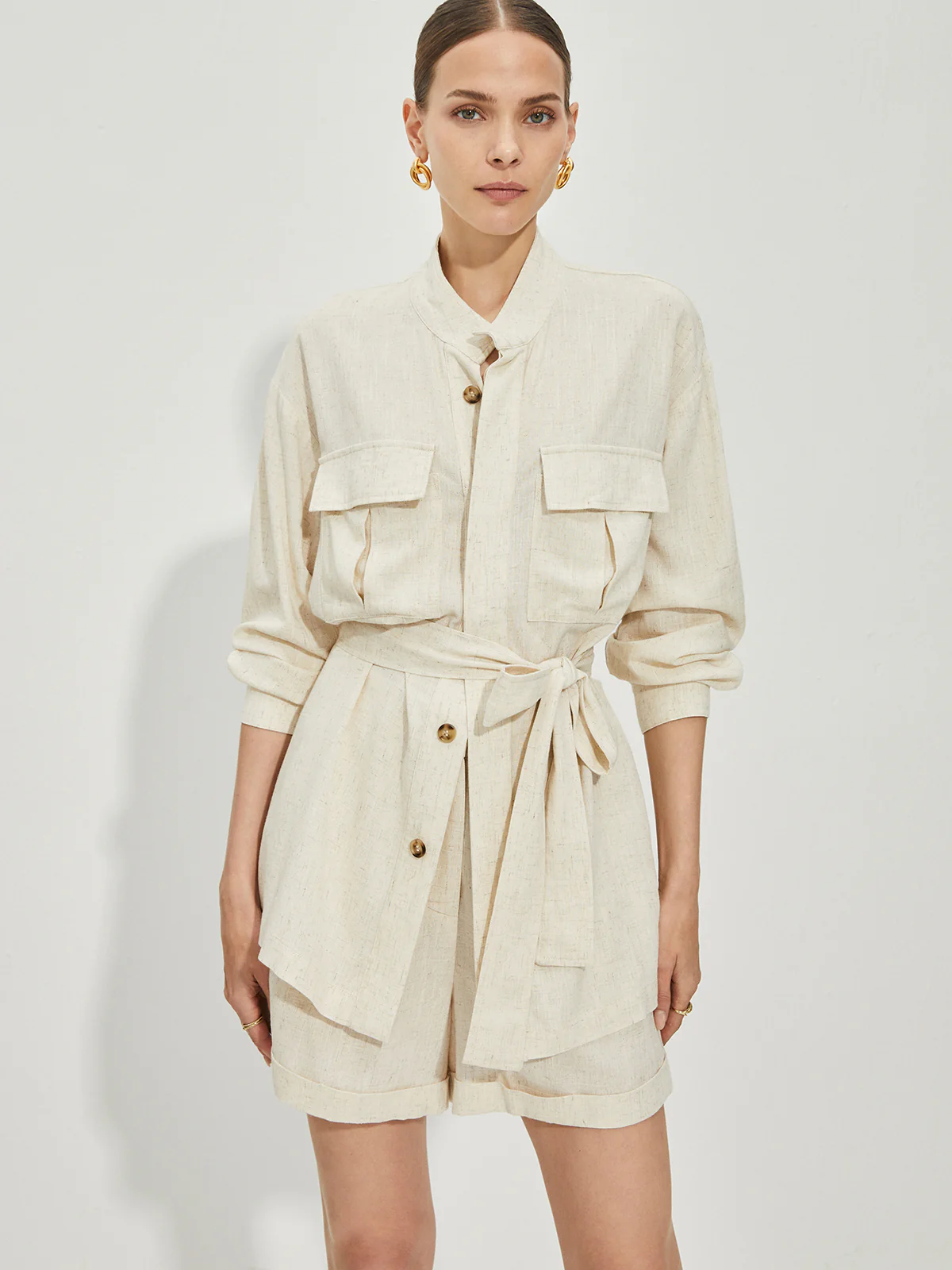 Casual Cotton & Linen Shorts Set With Belt - Image 5