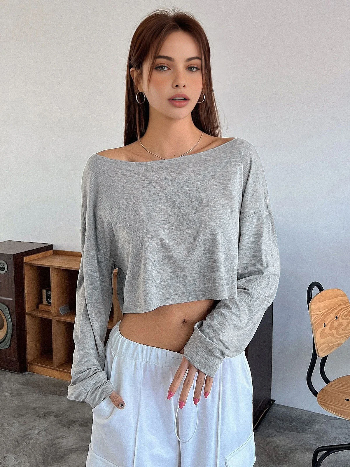 Casual Off-Shoulder Long Sleeve Short T-Shirt - Image 2