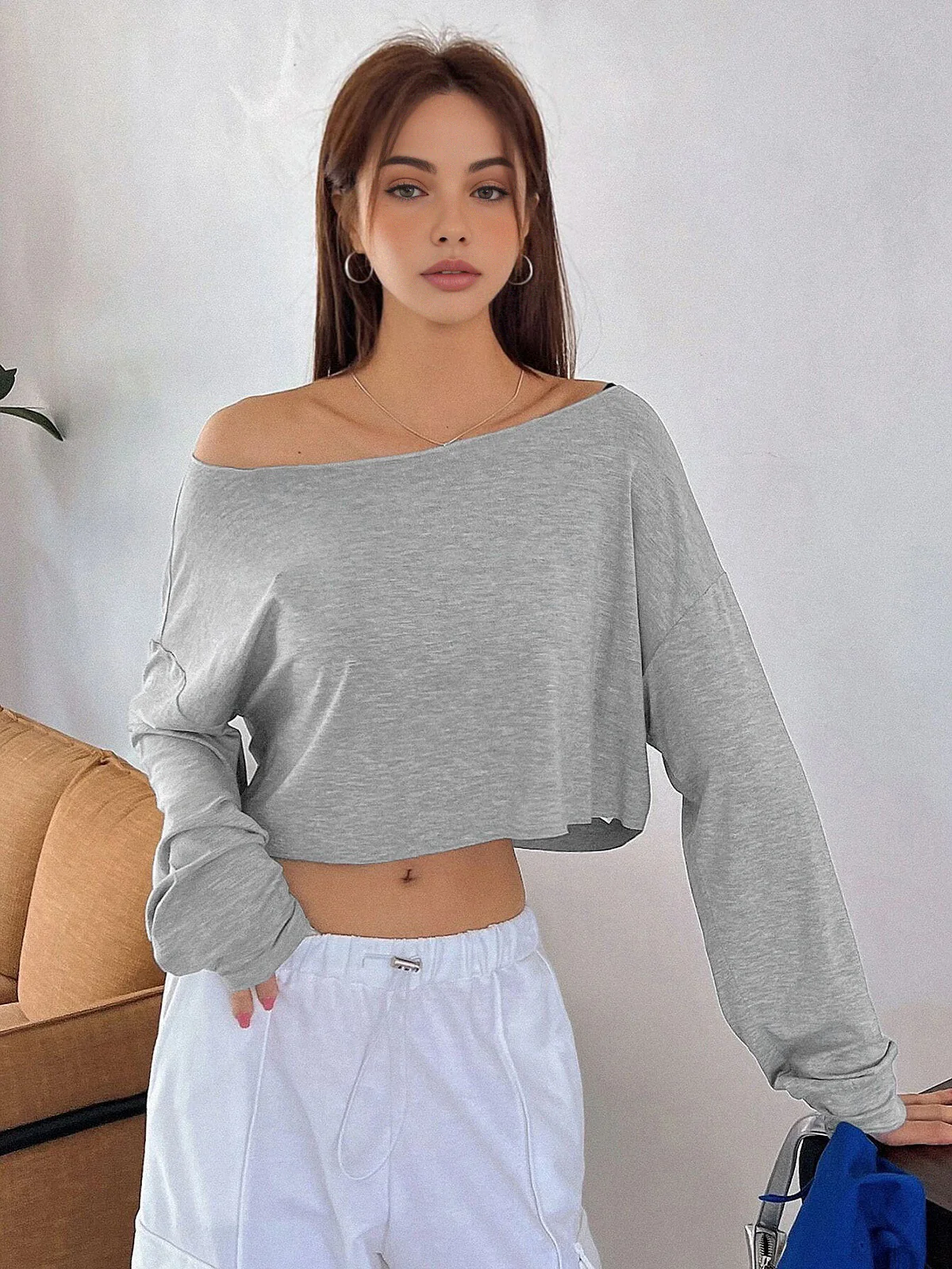 Casual Off-Shoulder Long Sleeve Short T-Shirt - Image 3