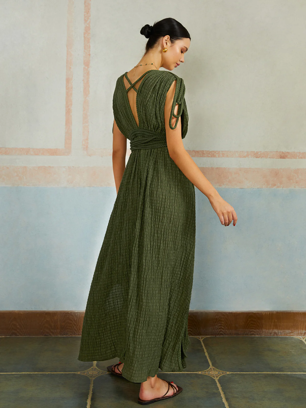 Casual Pleated Belted Long Dress - Image 2