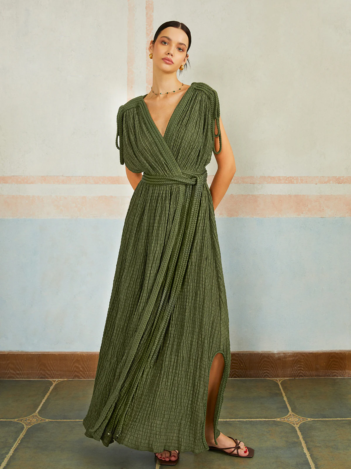 Casual Pleated Belted Long Dress - Image 4