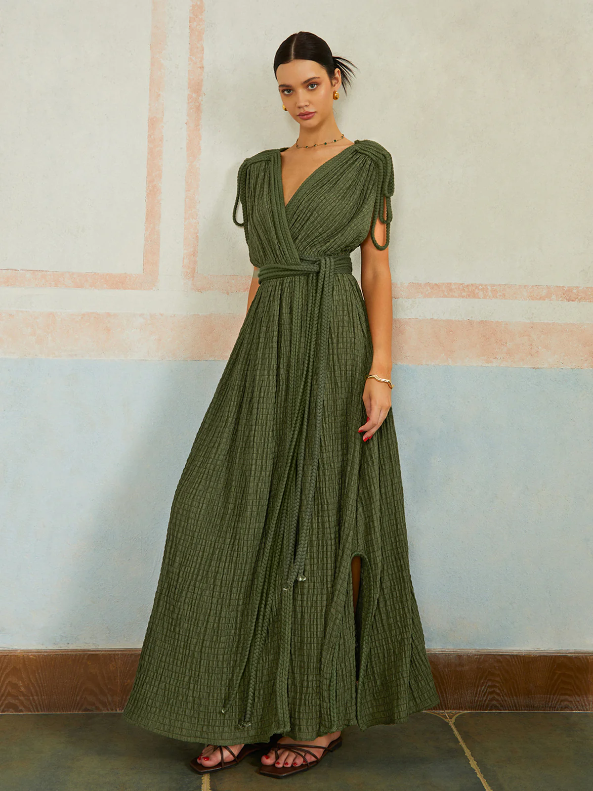 Casual Pleated Belted Long Dress - Image 5