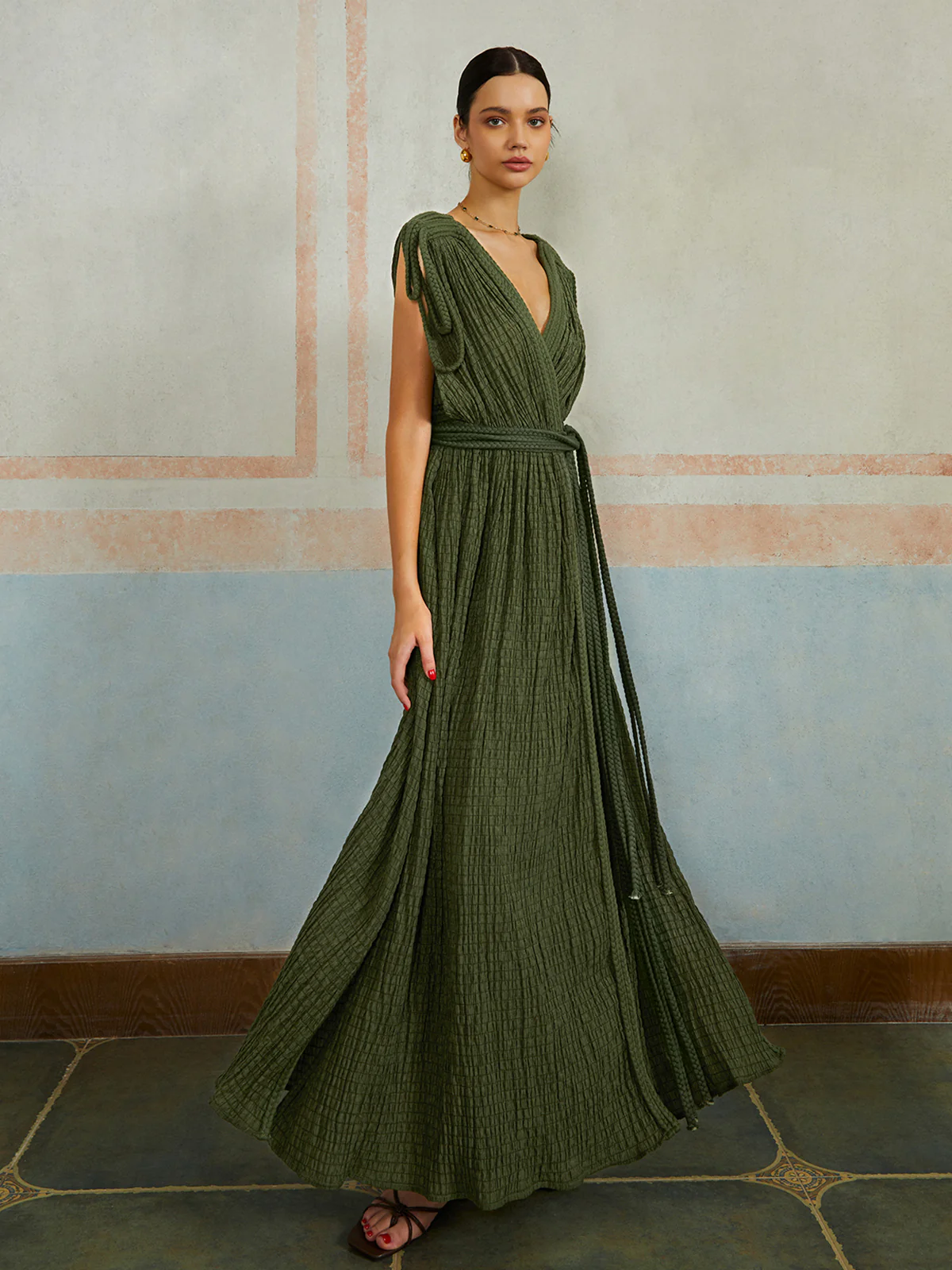Casual Pleated Belted Long Dress - Image 6