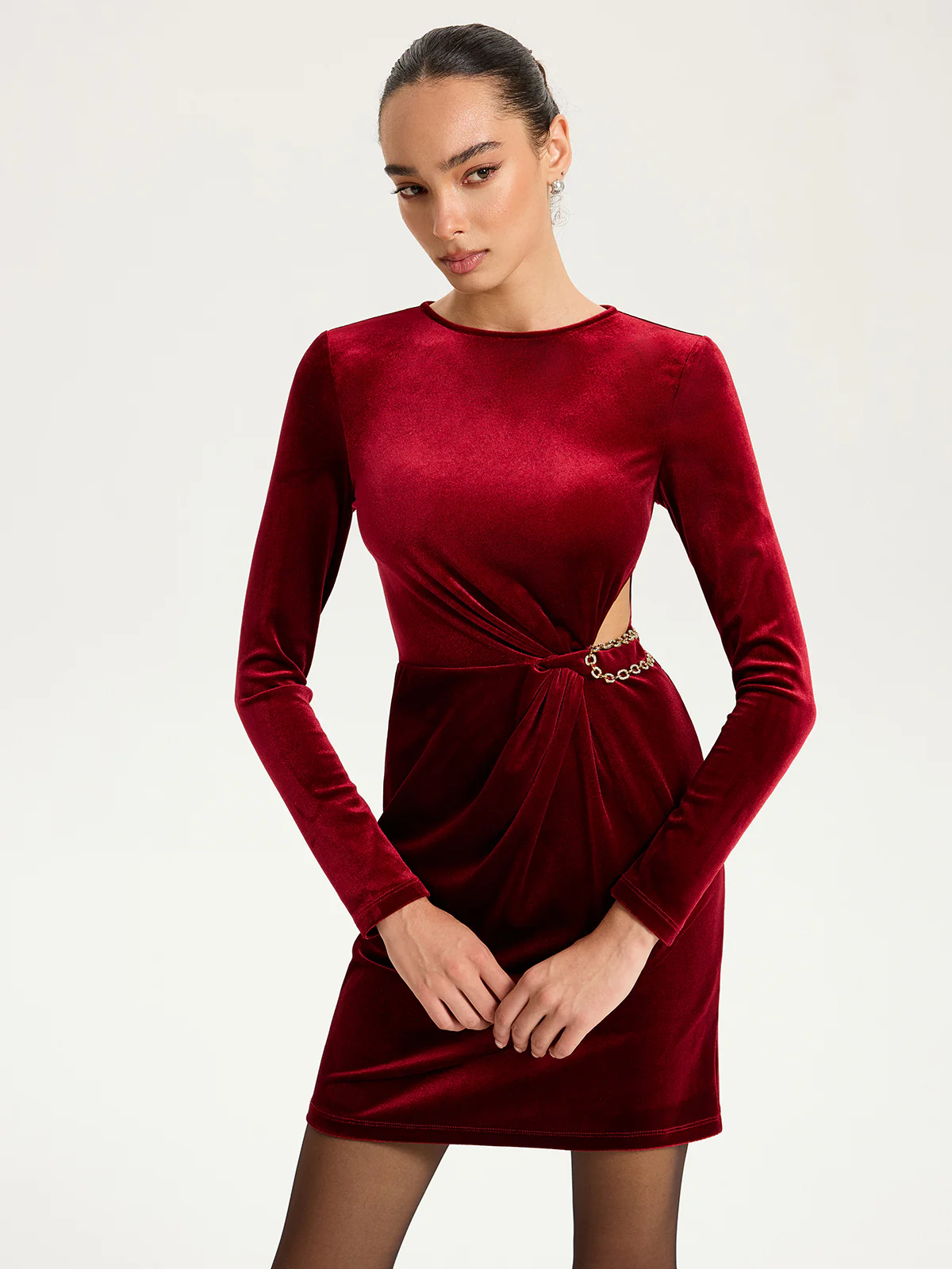 Chain Detail Cut-Out Velvet Mini Dress - Image 4