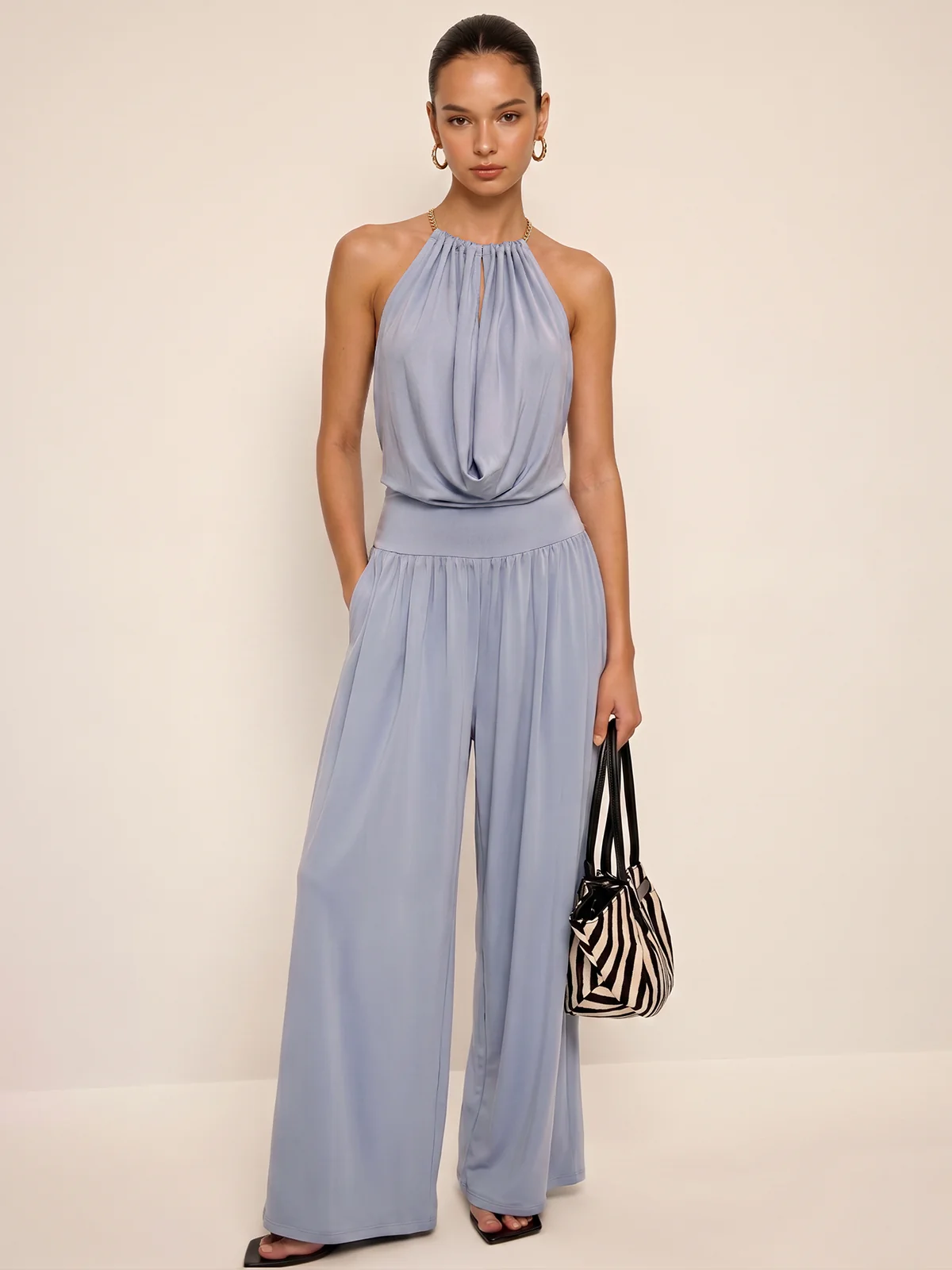 Chain Halter Bodysuit & High-Waisted Palazzo Pants Set