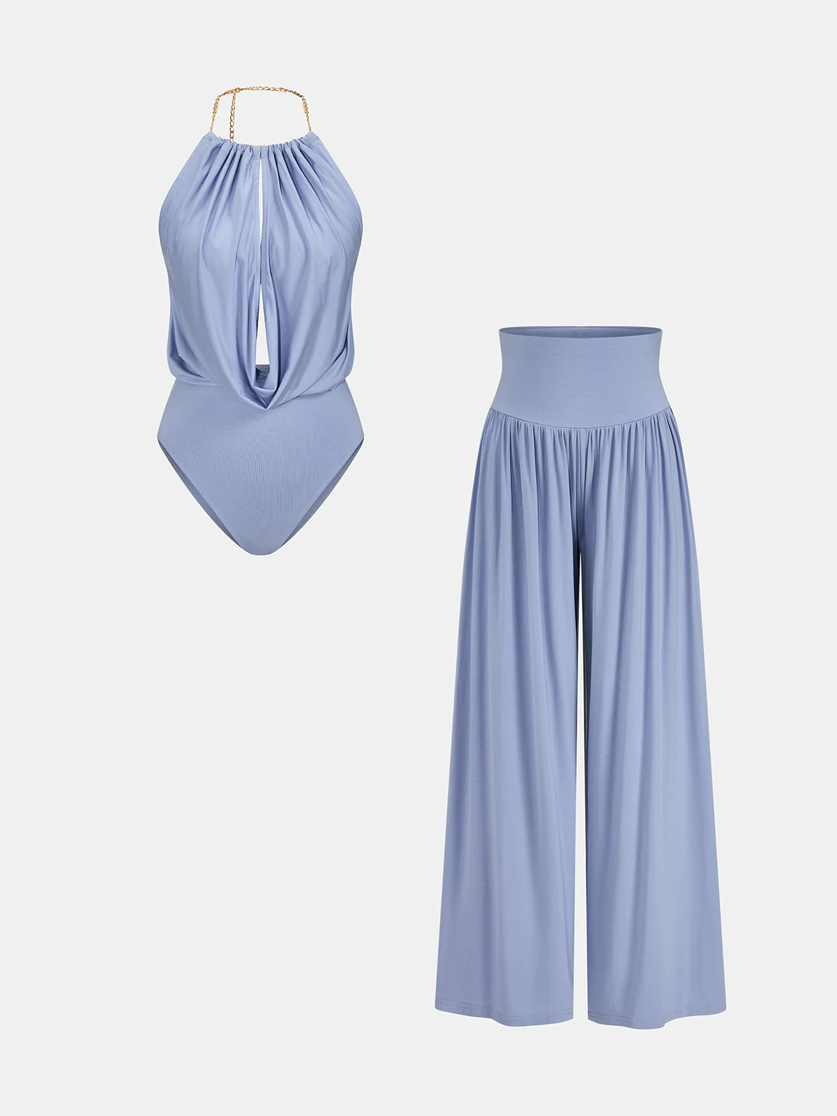 Chain Halter Bodysuit & High-Waisted Palazzo Pants Set - Image 2