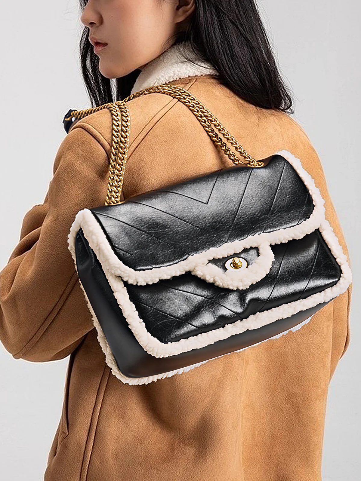 Chain Strap Shearling Trim Shoulder Bag - Image 2