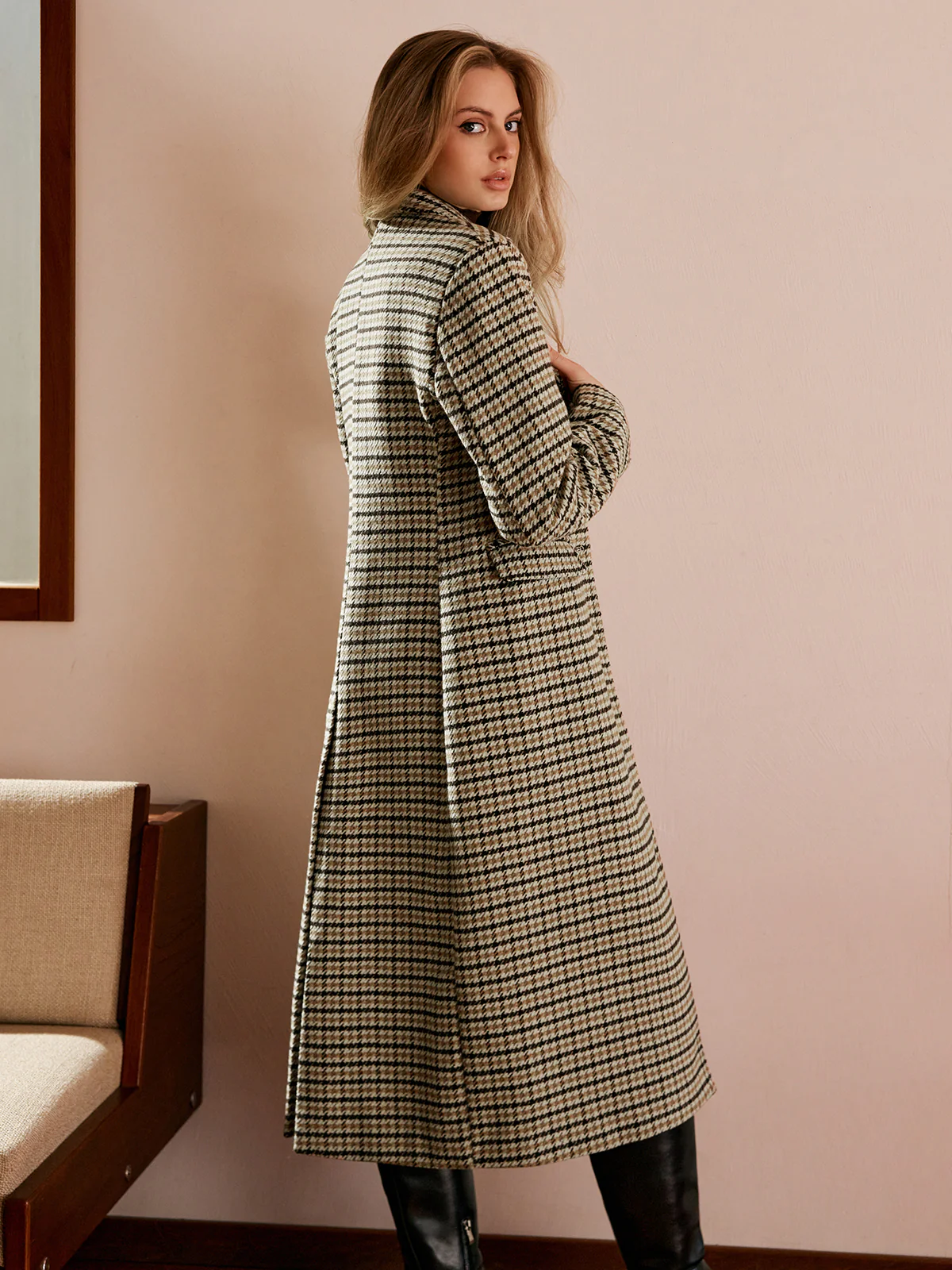 Checked Button Long Coat - Image 7