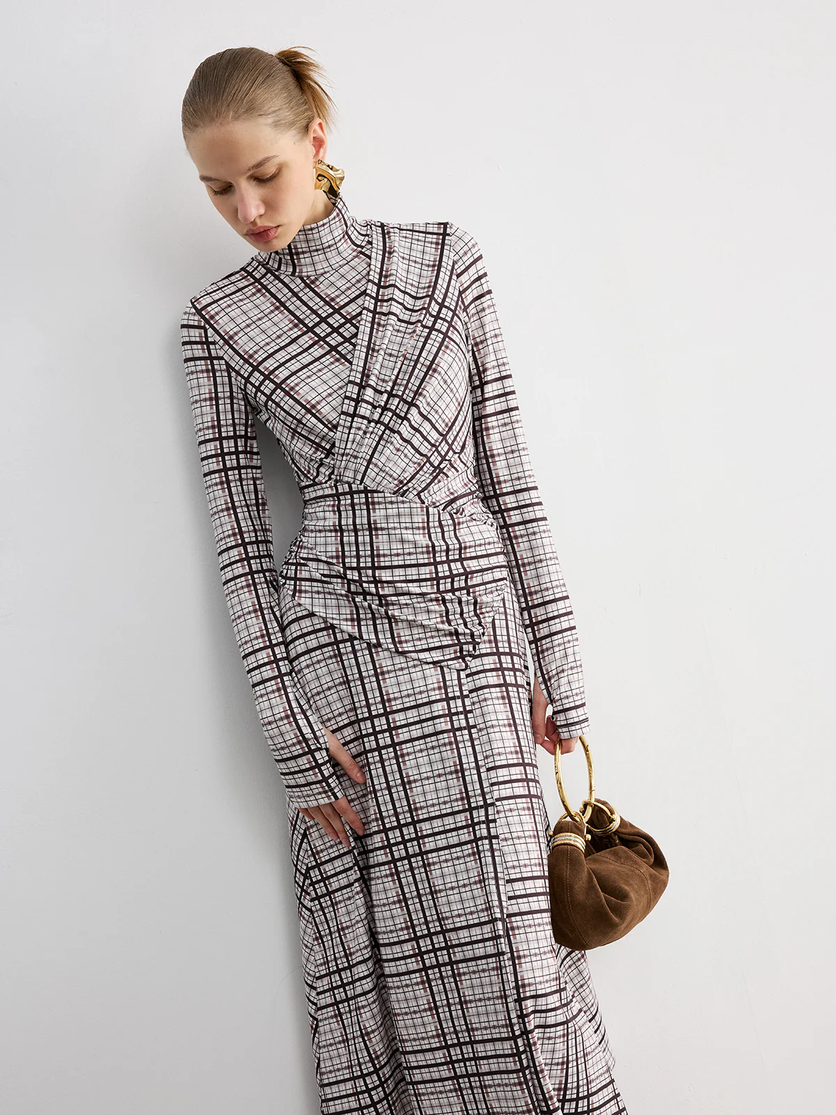 Checked Long-Sleeve Mock Neck Maxi Dress - Image 2