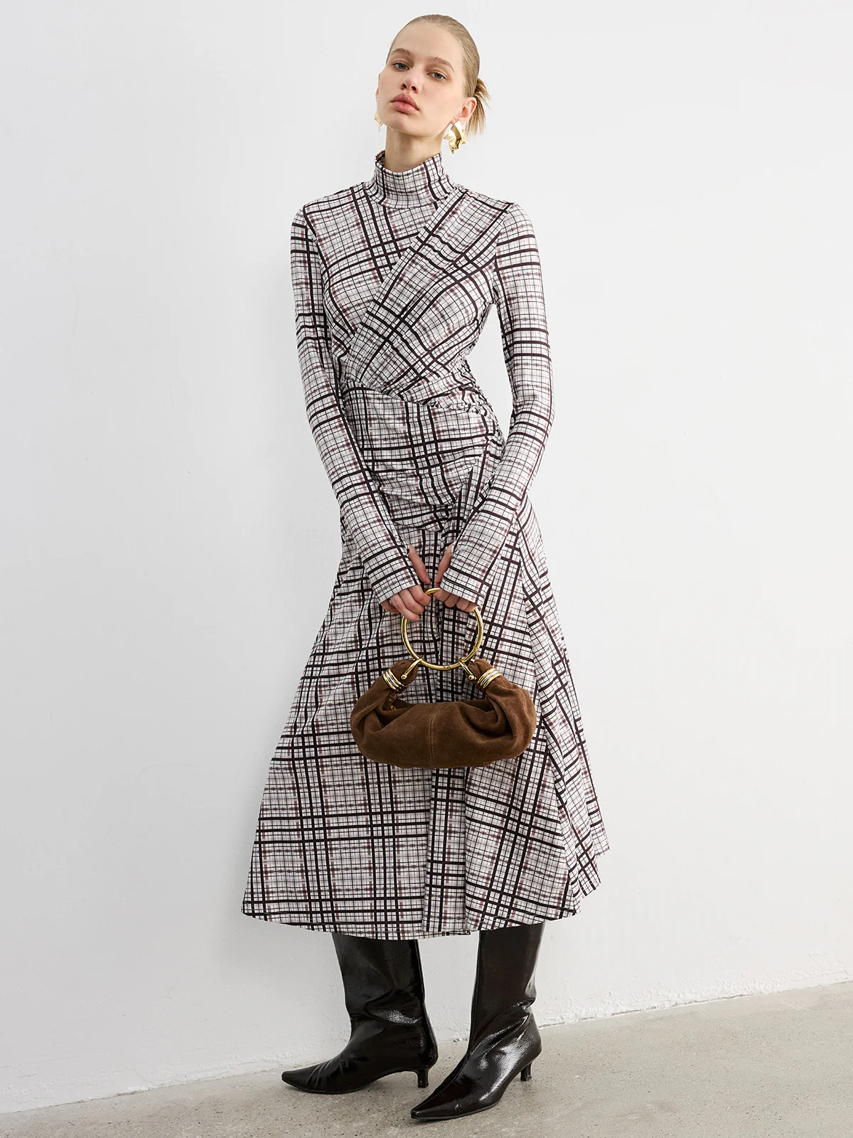 Checked Long-Sleeve Mock Neck Maxi Dress - Image 4