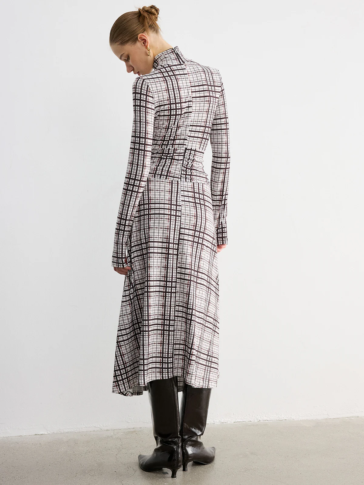Checked Long-Sleeve Mock Neck Maxi Dress - Image 5
