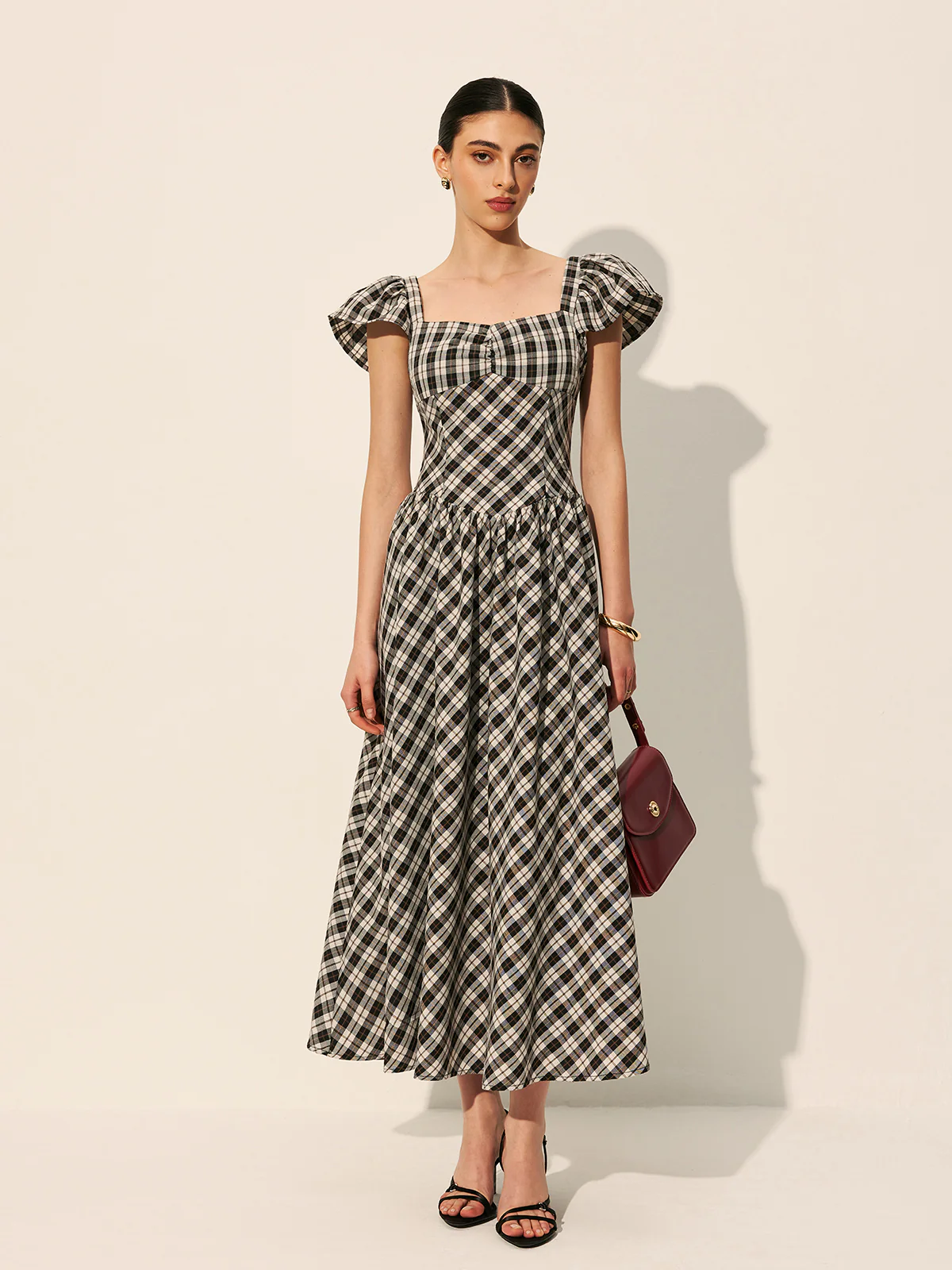 Checkerboard Puff Sleeve Dress - Image 3