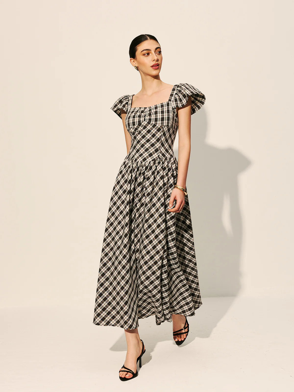 Checkerboard Puff Sleeve Dress - Image 4