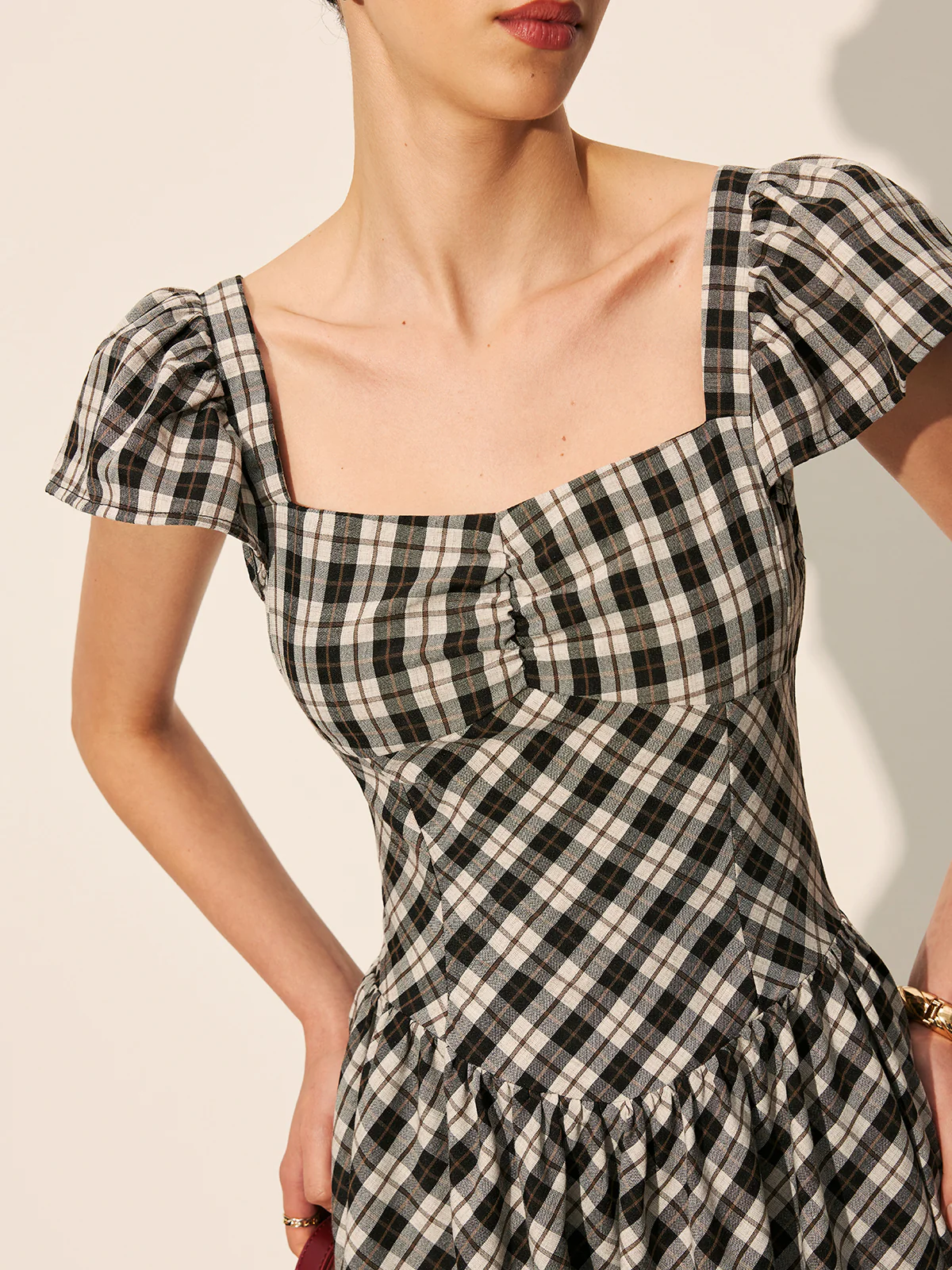 Checkerboard Puff Sleeve Dress - Image 5