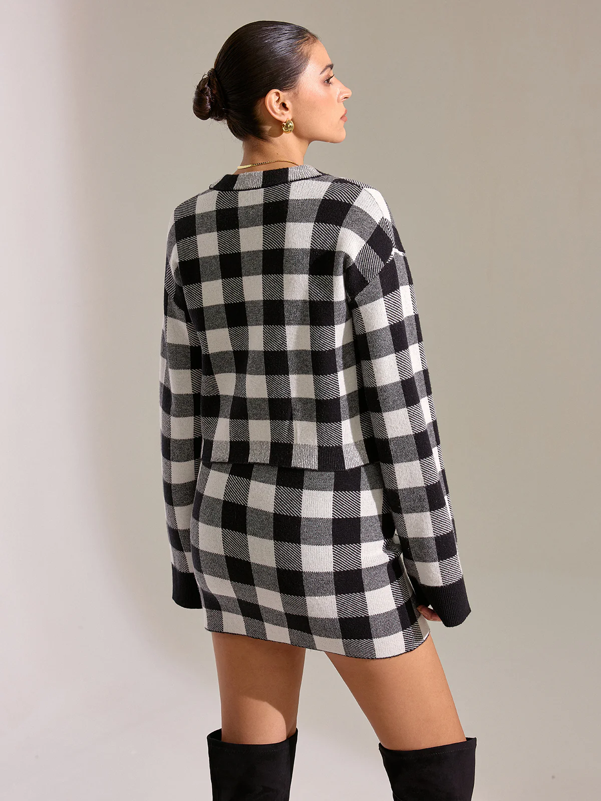 Checkered Wool Blend Button Cardigan - Image 7
