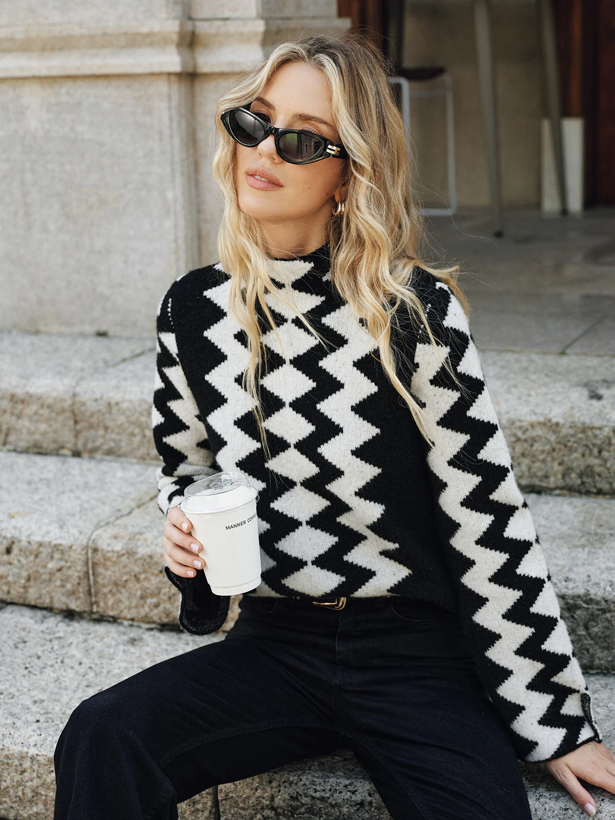 Chevron Pattern Mock Neck Knit Sweater - Image 4